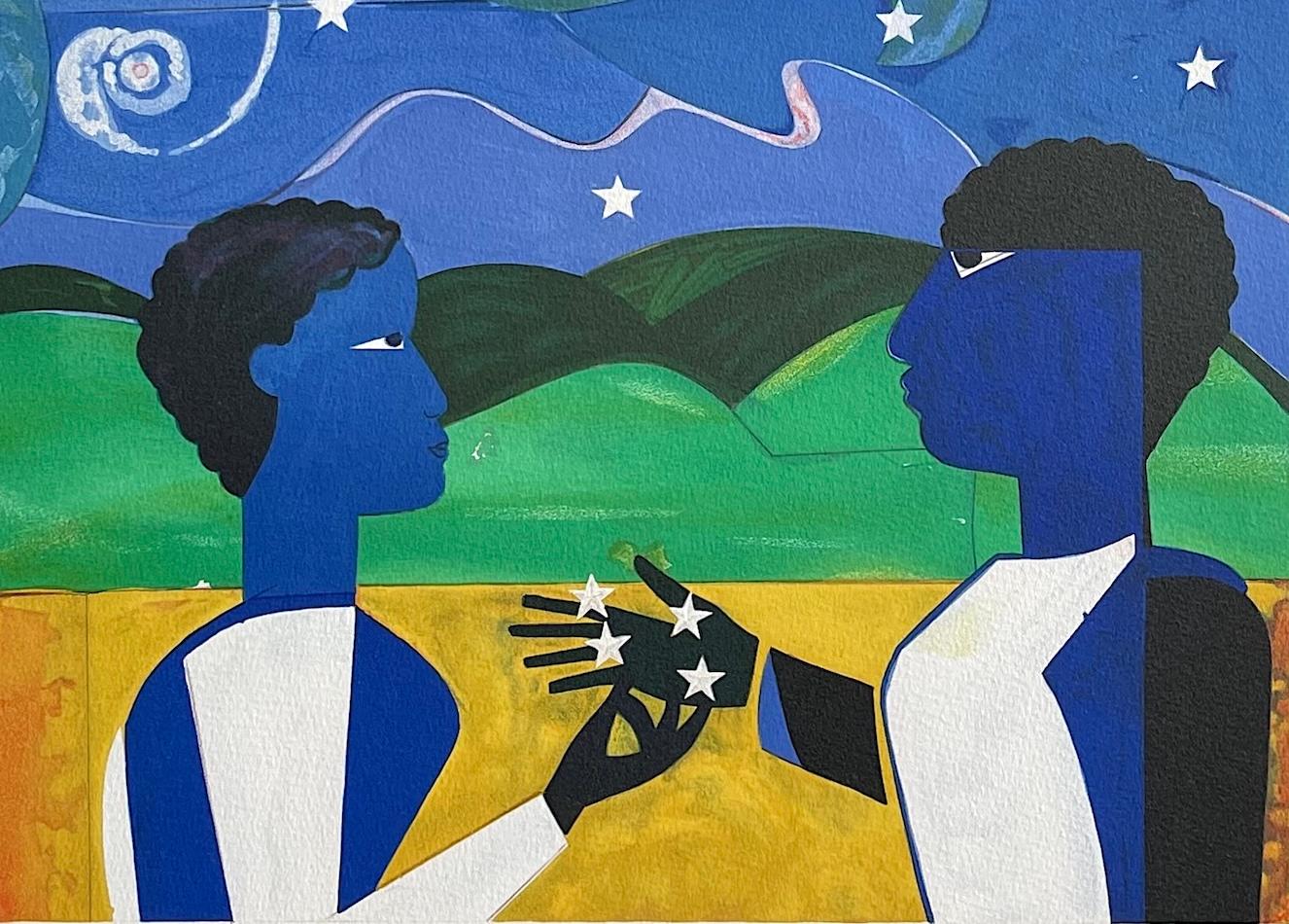 DOS MUNDOS, CARAS DEL FUTURO es una litografía en color, dibujada a mano y de edición limitada, del célebre artista estadounidense Romare Bearden, impresa mediante técnicas de litografía manual en papel de grabado Arches de archivo, 100% libre de
