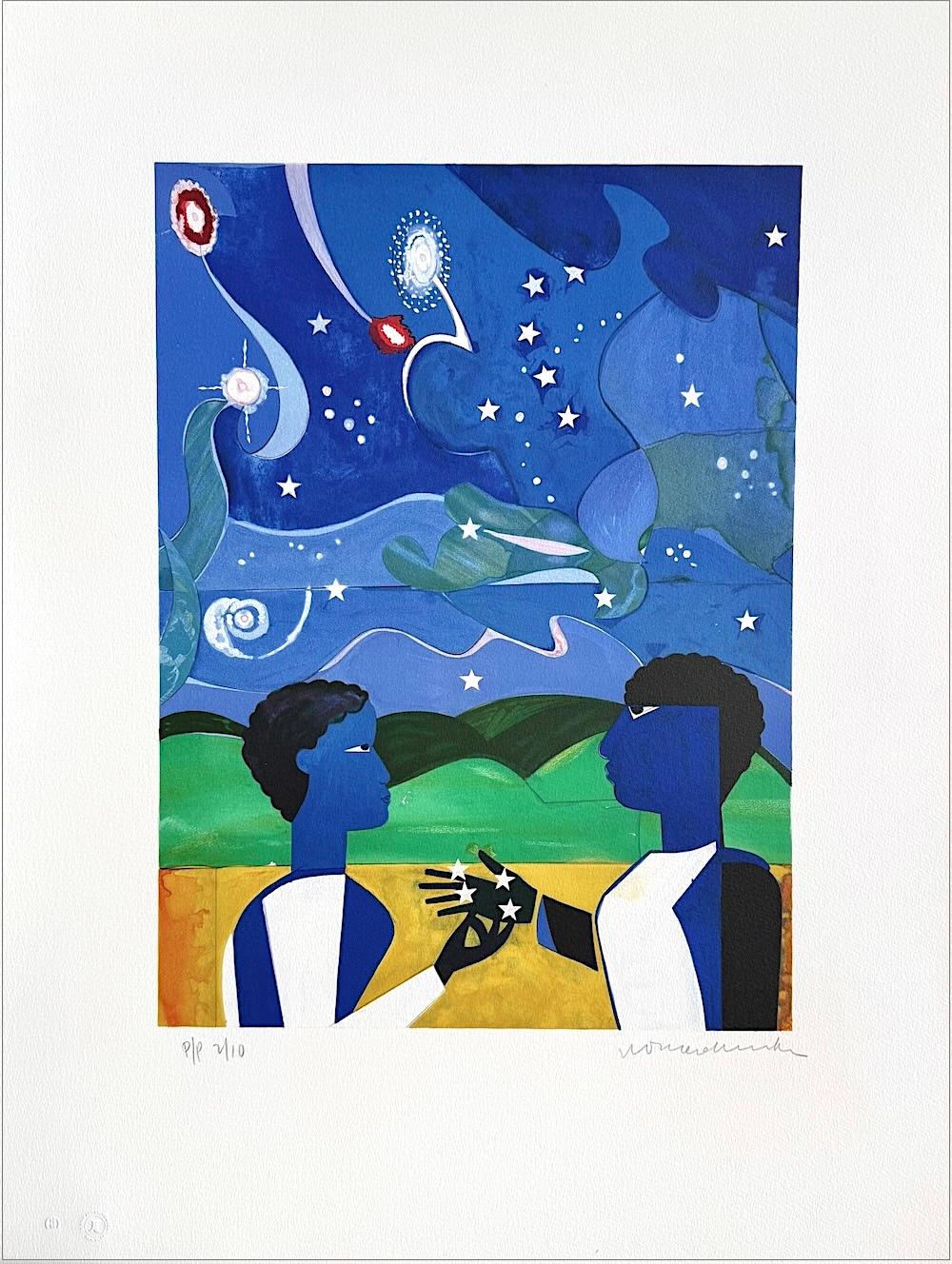 DOS MUNDOS, CARAS DEL FUTURO Litografía firmada, collage figurativo Cielo nocturno
