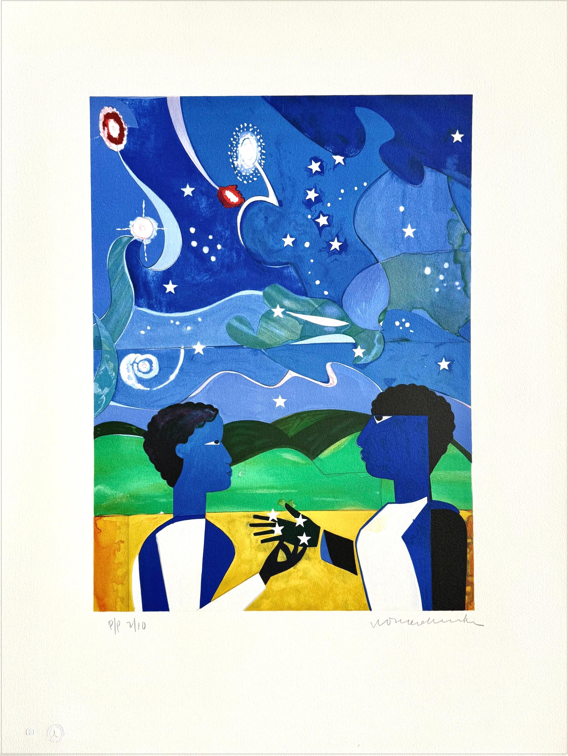 Romare Bearden Portrait Print – TWO WORLDS, FACES OF THE FUTURE Signierte Lithographie, Figurative Collage Nachthimmel