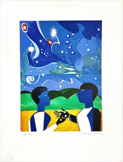 TWO WORLDS, FACES OF THE FUTURE Signed Lithograph, Figurative Collage Night Sky