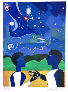 Two Worlds, Faces Of The Future, Signed Lithograph, Starry Night