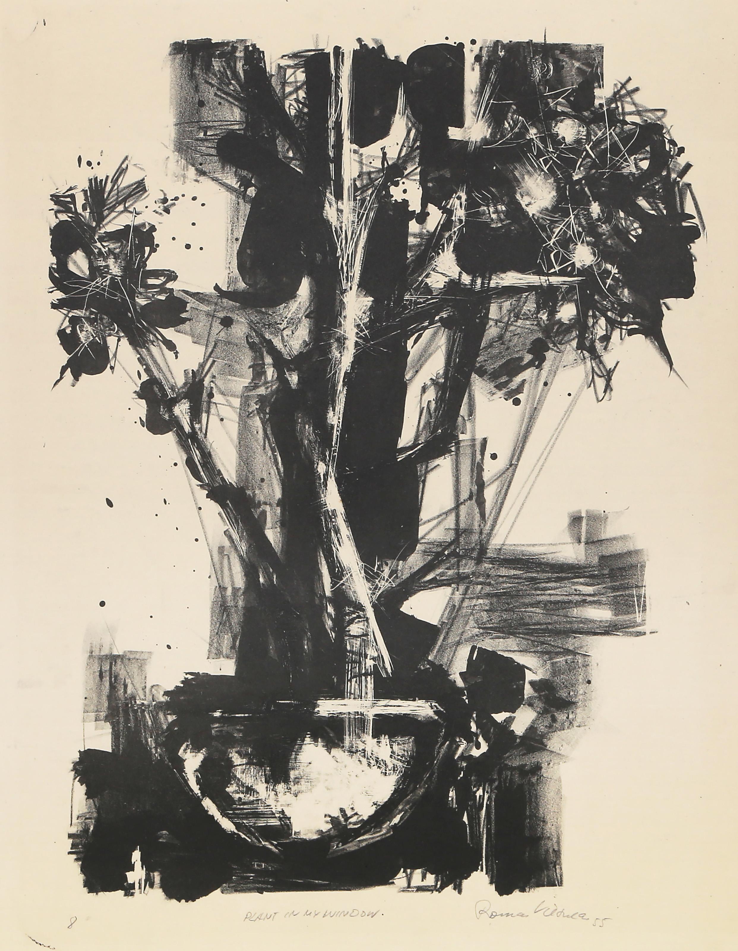 Romas Viesulas, lituano (1918 - 1986) - Plant in My Window, anno:  1955, Medio:  Litografia su pergamena Basingwerk, firmata, intitolata e datata a matita, Dimensioni immagine:  17 x 13 pollici, Dimensioni:  26 x 20 pollici (66,04 x 50,8 cm) 