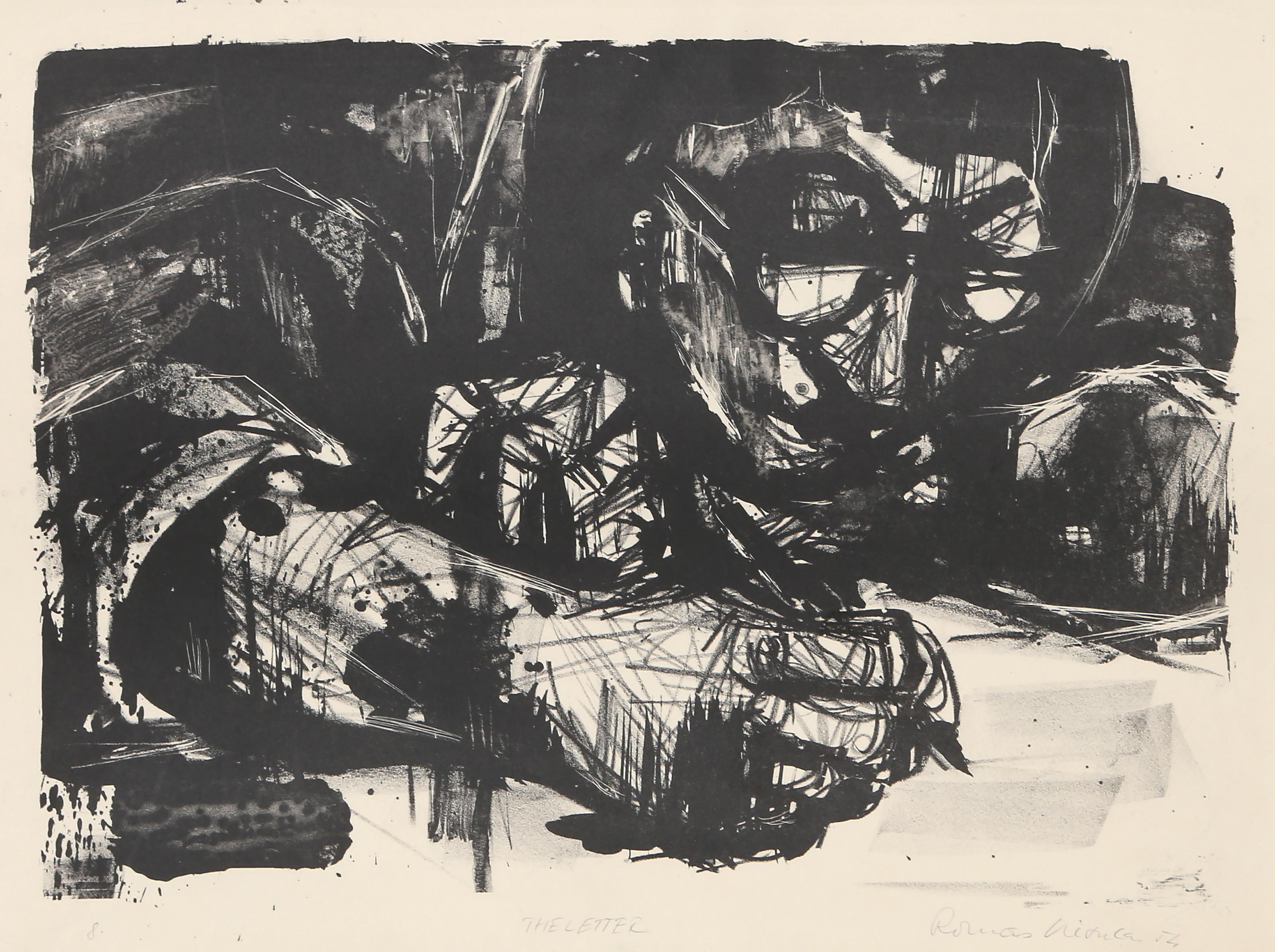 Romas Viesulas (1918 - 1986) - La Carta, Año:  1954, Medio:  Litografía sobre papel pergamino Basingwerk, firmada y numerada a lápiz, Tamaño de la imagen:  10,25 x 14,5 pulgadas, Tamaño:  13 x 18.75 in. (33.02 x 47.63 cm) 