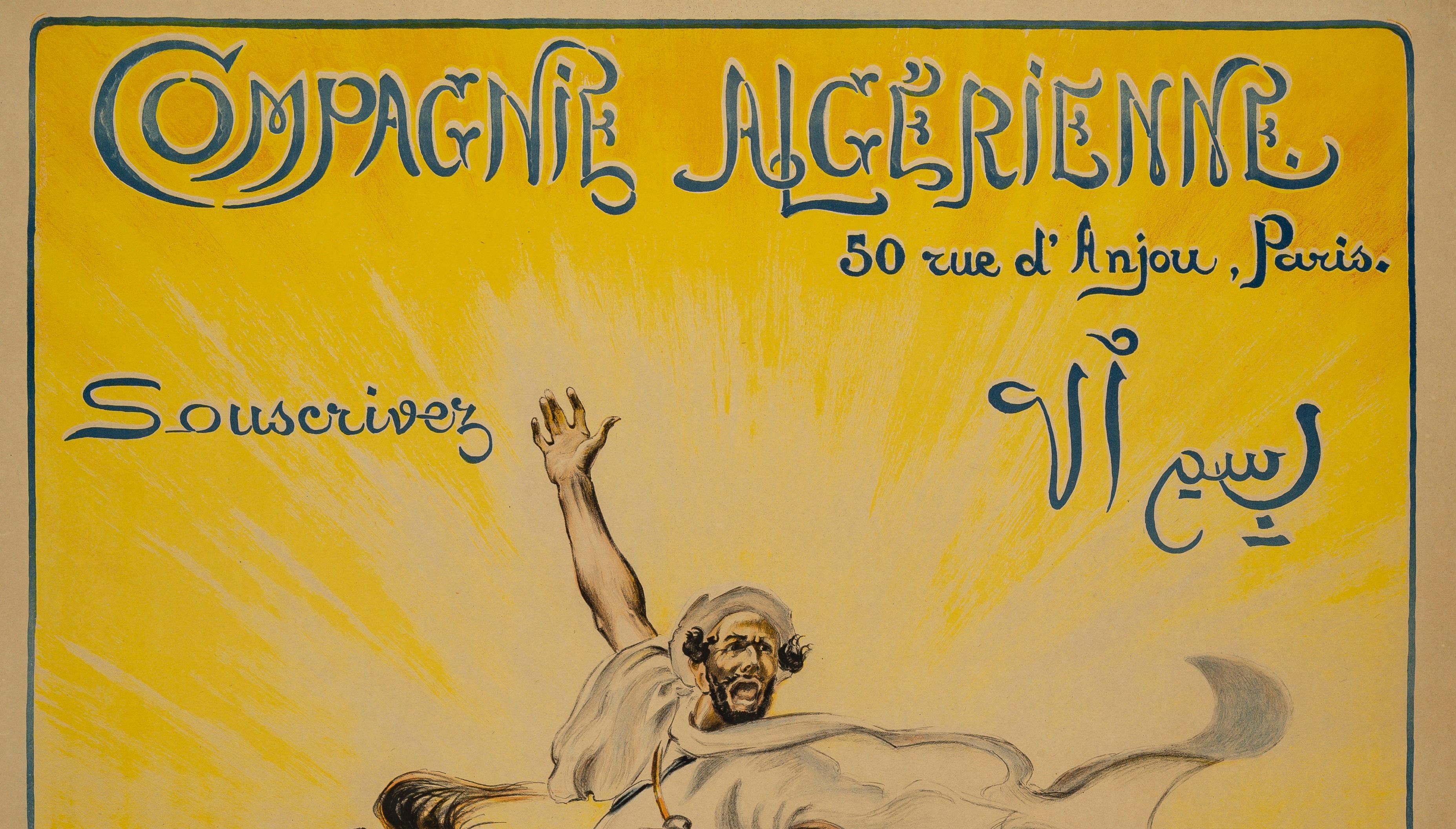 Artista: Romberg Maurice de Vaucourbeil (1862-1943)
Titolo : Compagnie Algérienne - Souscrivez - Emprunt de la Libération
Data: 1918
Dimensioni (l x h): 30.5 x 46.5 in / 77.5 x 118 cm
Stampante:  Devambez Imp. Parigi
Materiali e tecniche: Litografia