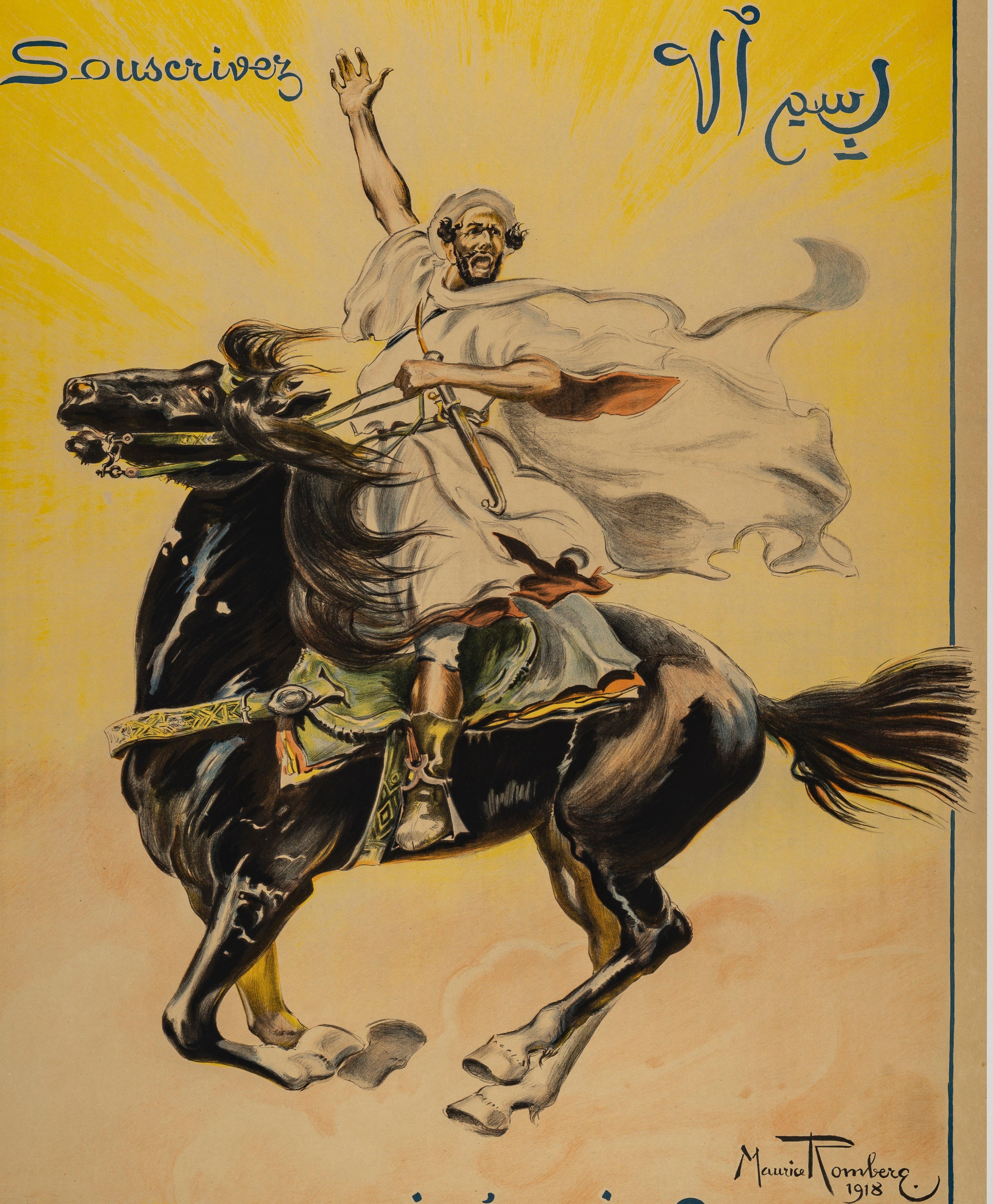 Belle Époque Romberg, Poster originale d'epoca, Prestito della banca algerina, cavallo arabo stallone, 1918 in vendita