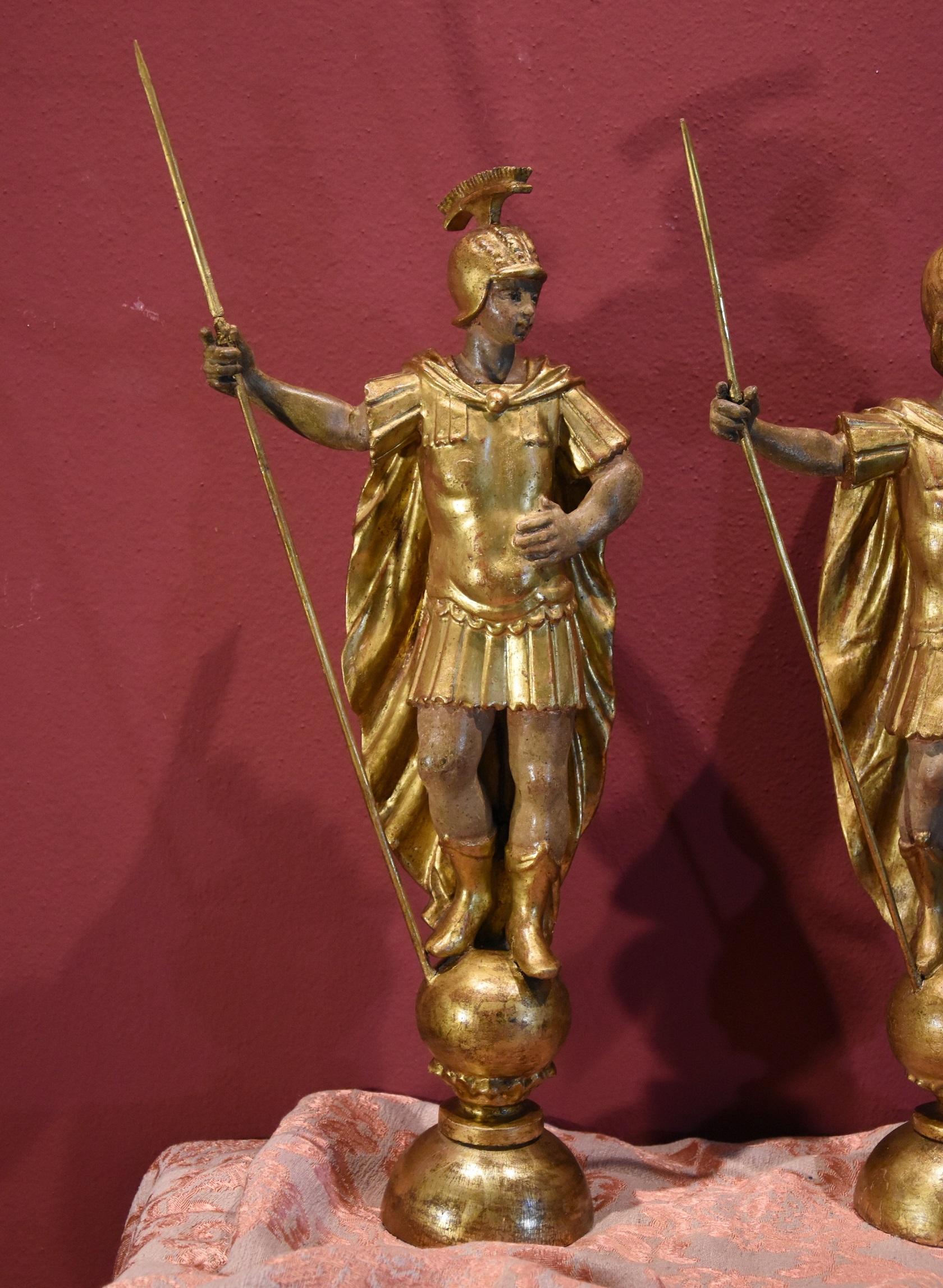 Wooden Sculptures Roman Soldiers Rome 18th Century Italy Art Gold For Sale 1