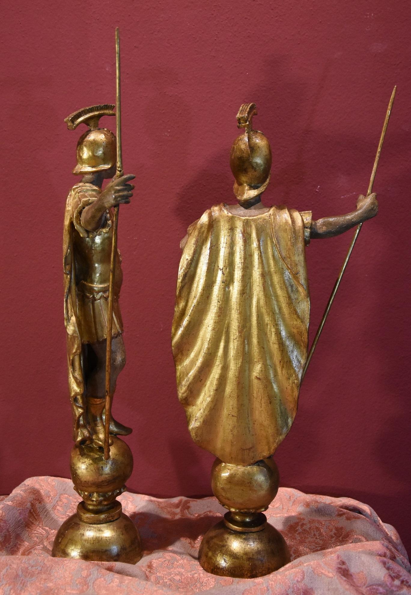 Wooden Sculptures Roman Soldiers Rome 18th Century Italy Art Gold For Sale 5