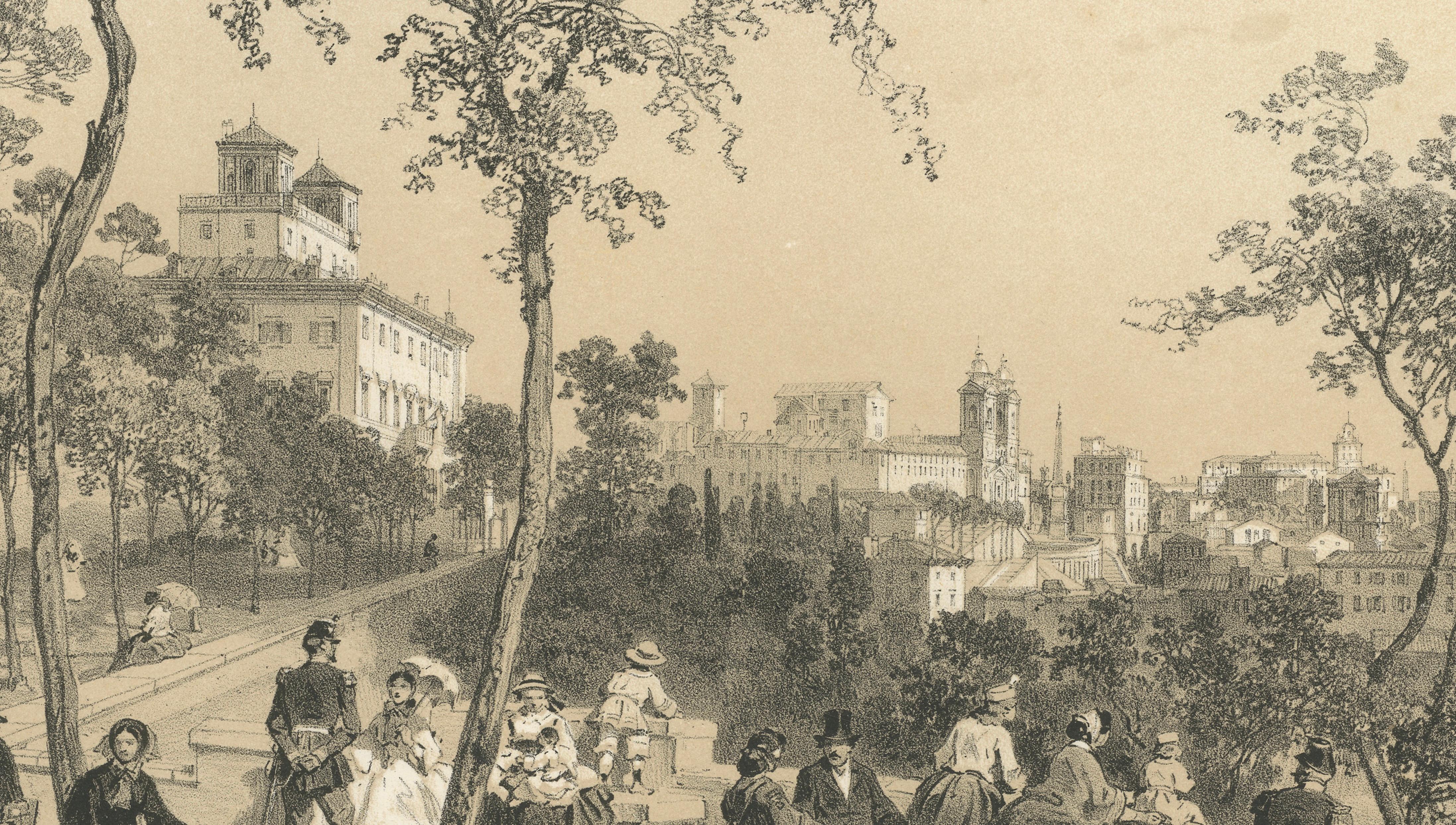 Rome City Panorama from the Pincio – Elegant Promenade Scene, 1869