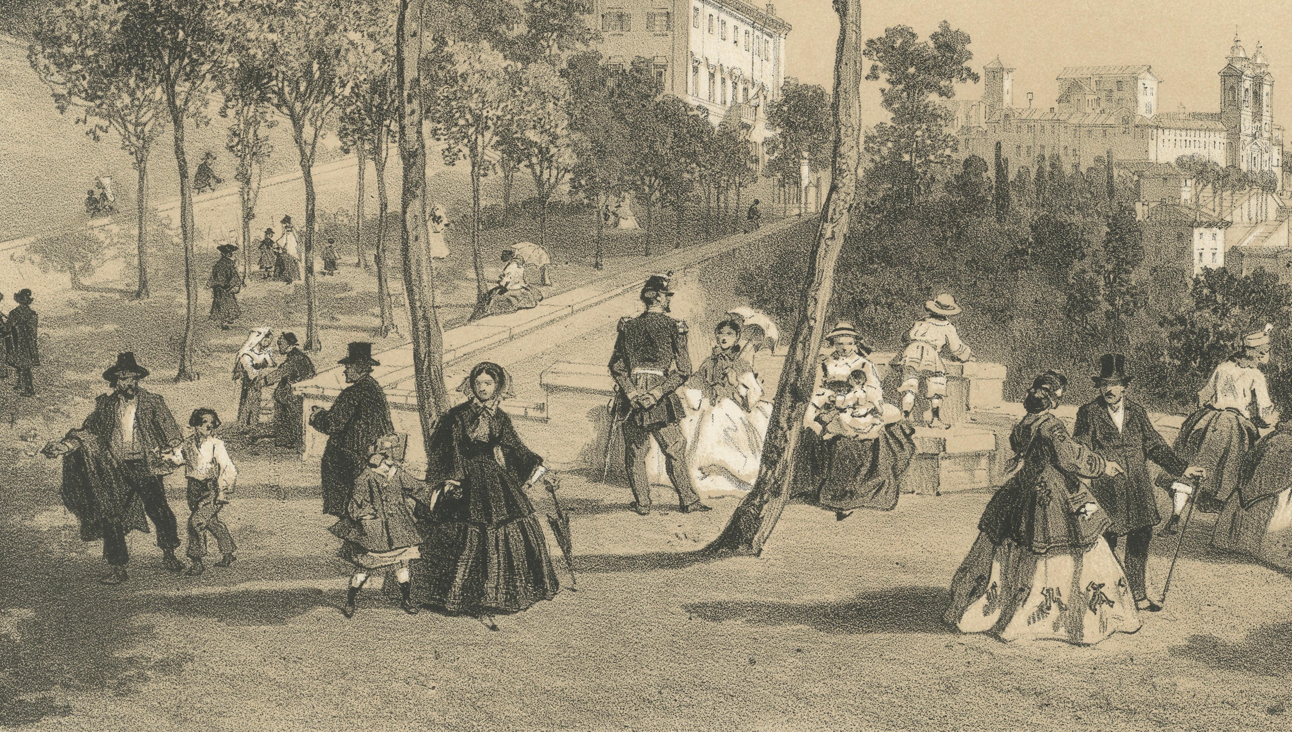 Rome City Panorama from the Pincio – Elegant Promenade Scene, 1869