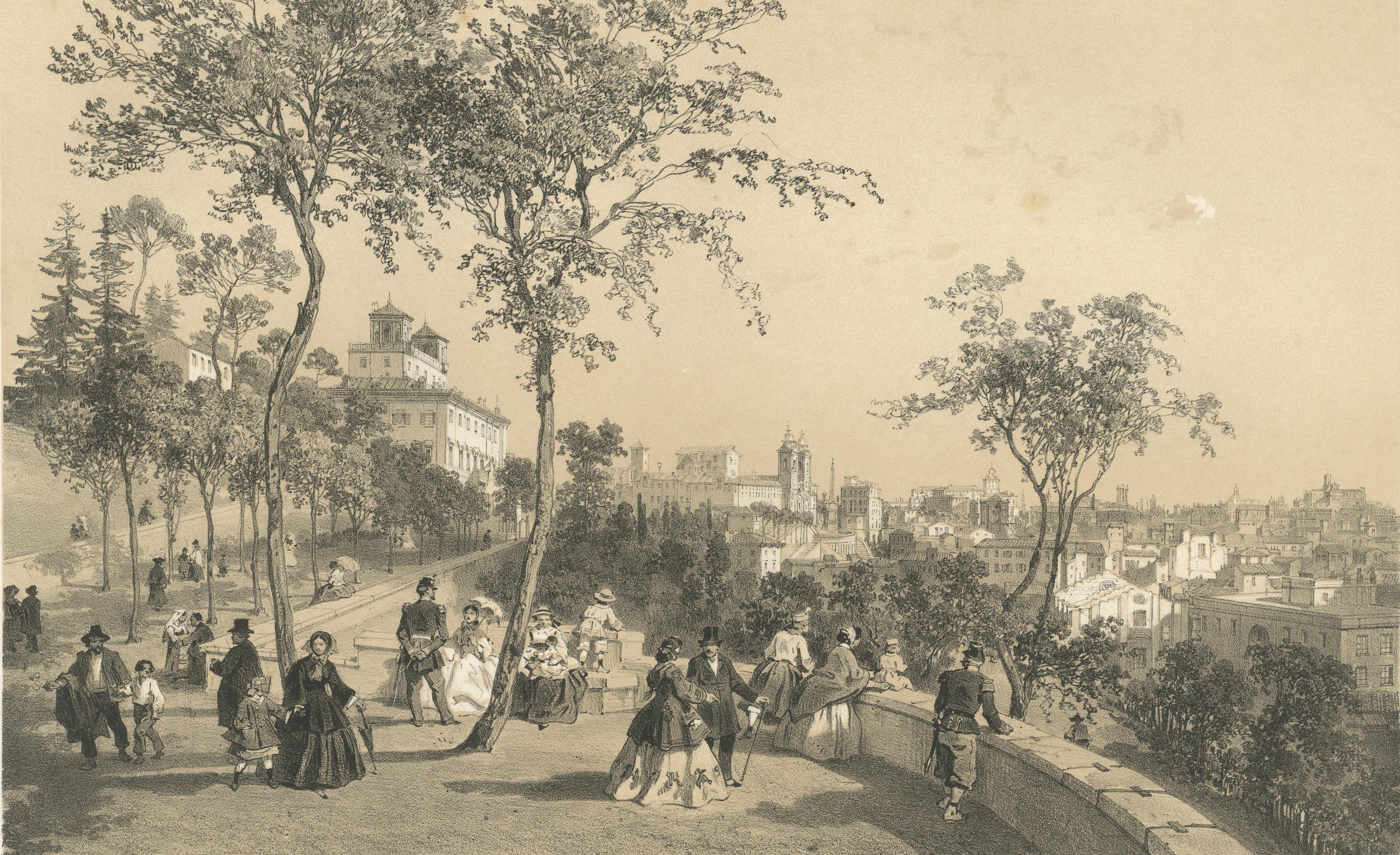 Rome City Panorama from the Pincio – Elegant Promenade Scene, 1869