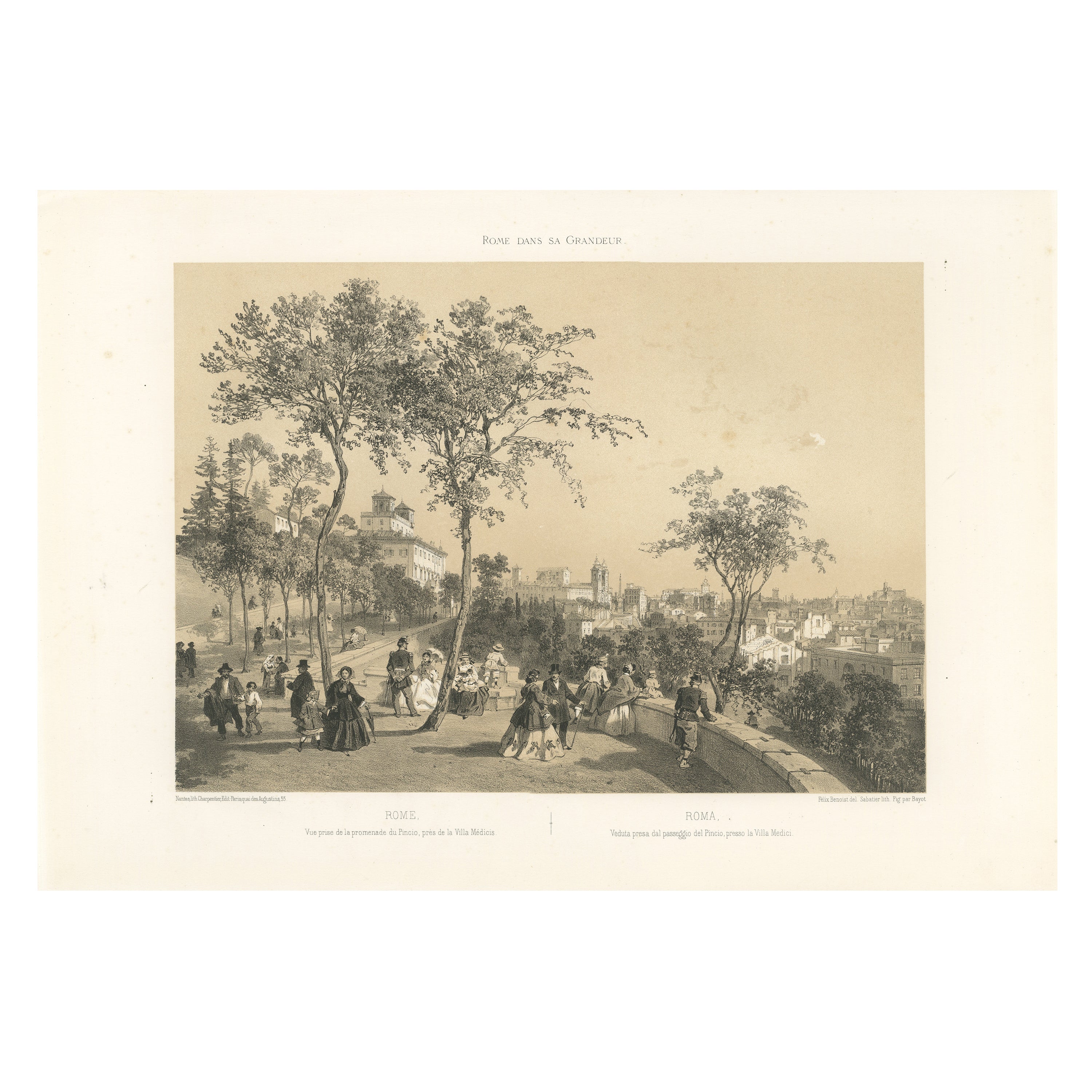 Rome City Panorama from the Pincio – Elegant Promenade Scene, 1869