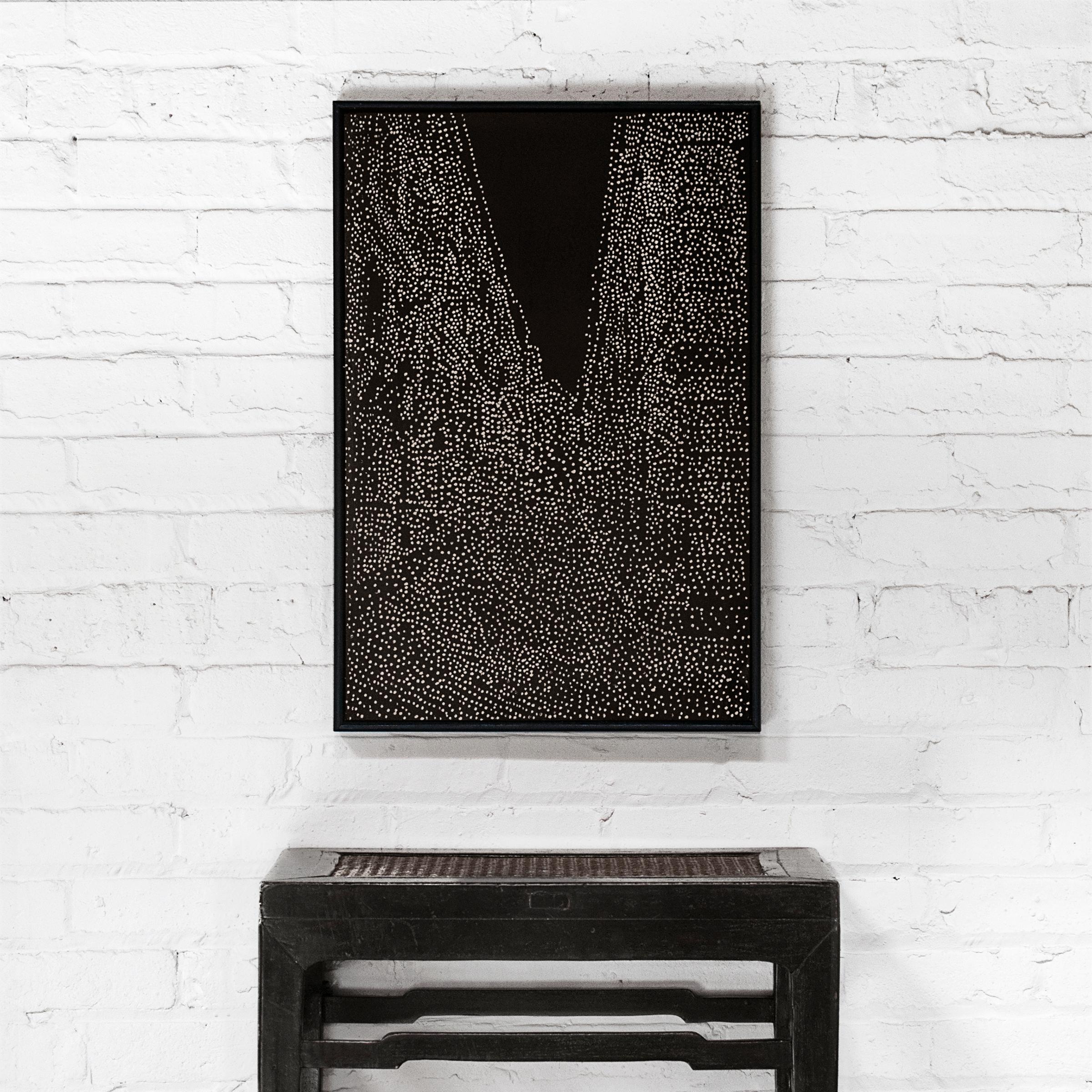 This painting, like most of Ren Hui’s exquisite artworks, celebrates his subjects using a style that he calls “uncomplicated and honest.” The beautiful pattern of white carved out of a painted black background, is called 