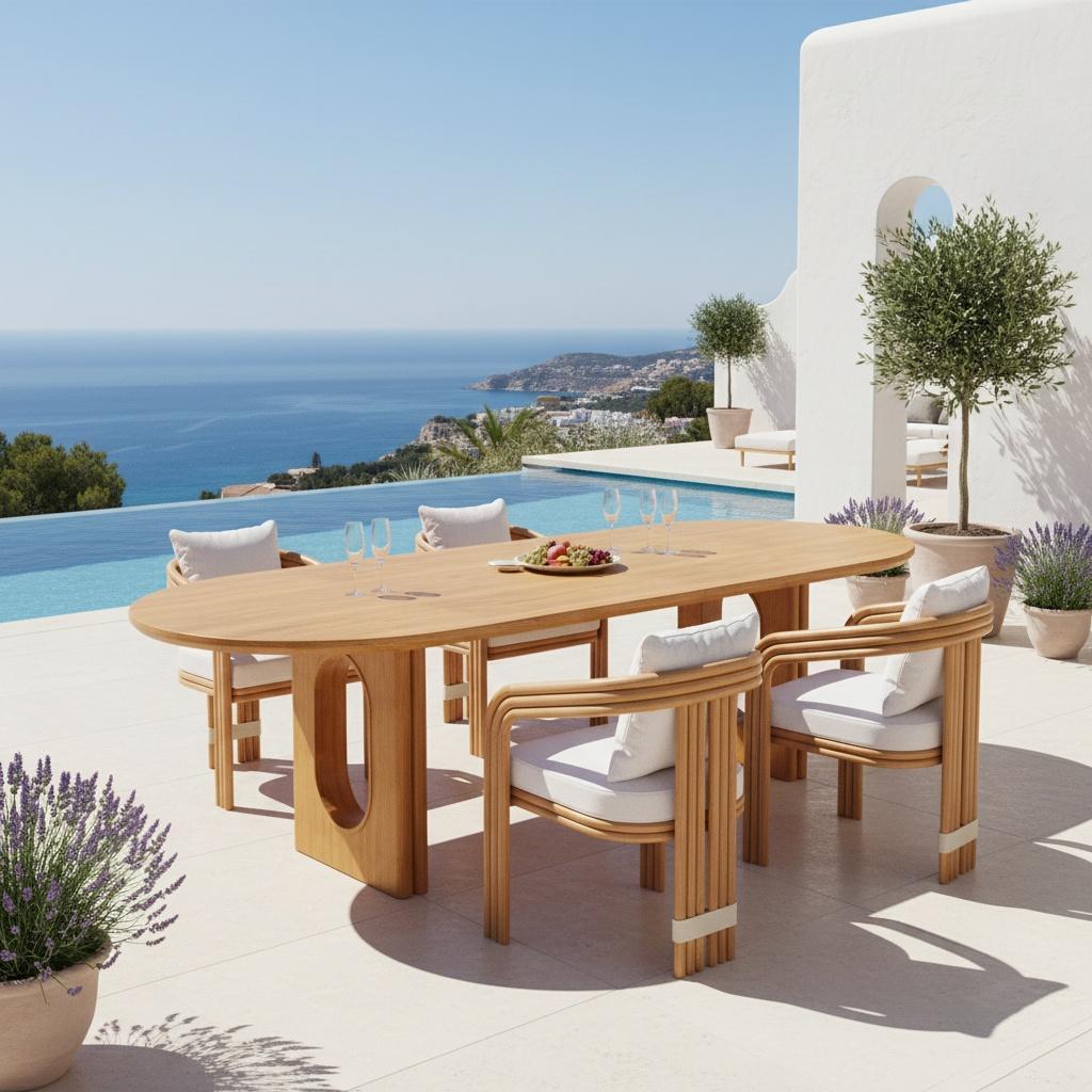 Tavolo da pranzo ovale per esterni Rome in Wood Iroko con base scultorea ad arco in vendita 3