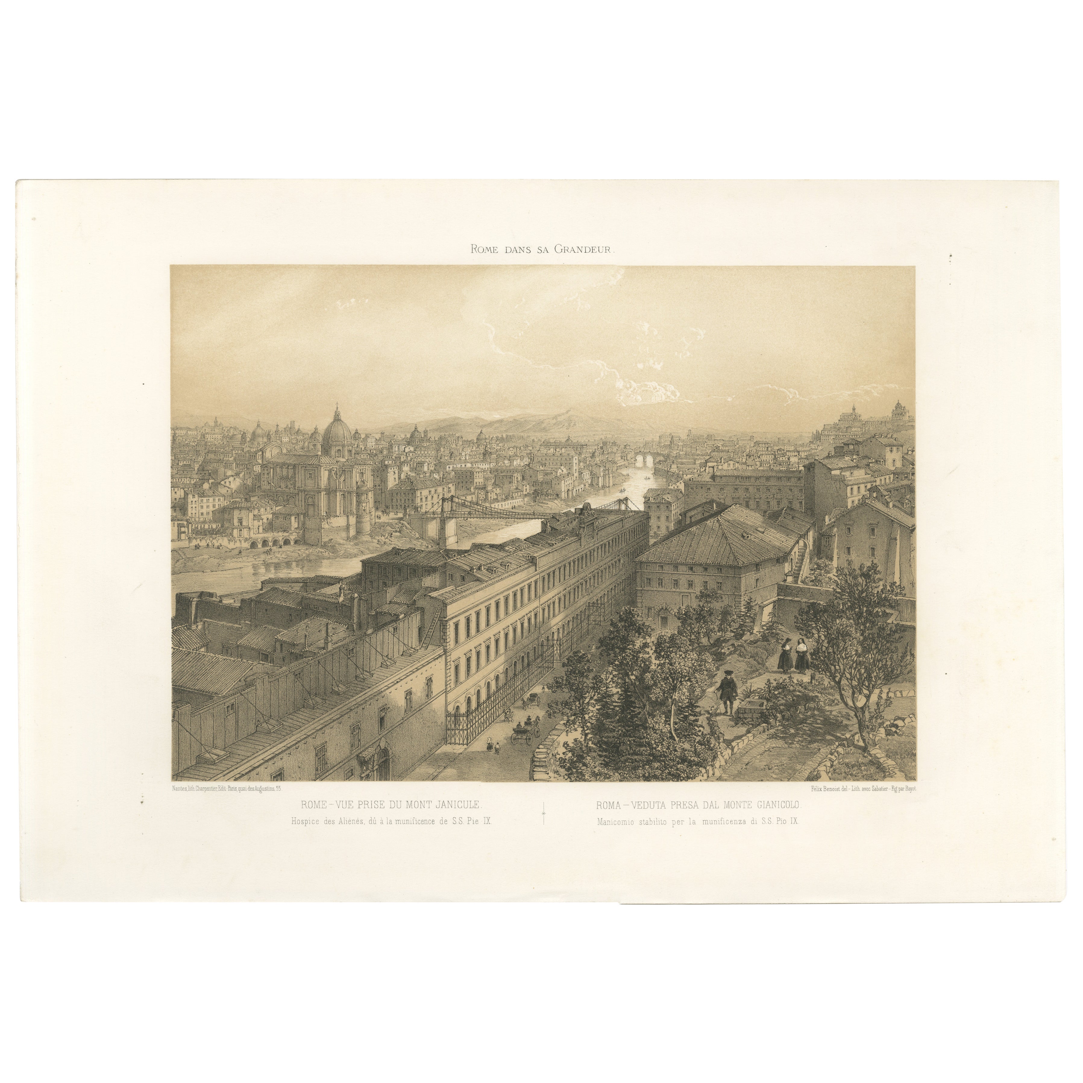 Panorama de Rome depuis le Monte Gianicolo, gravure ancienne de la ville 1869 en vente