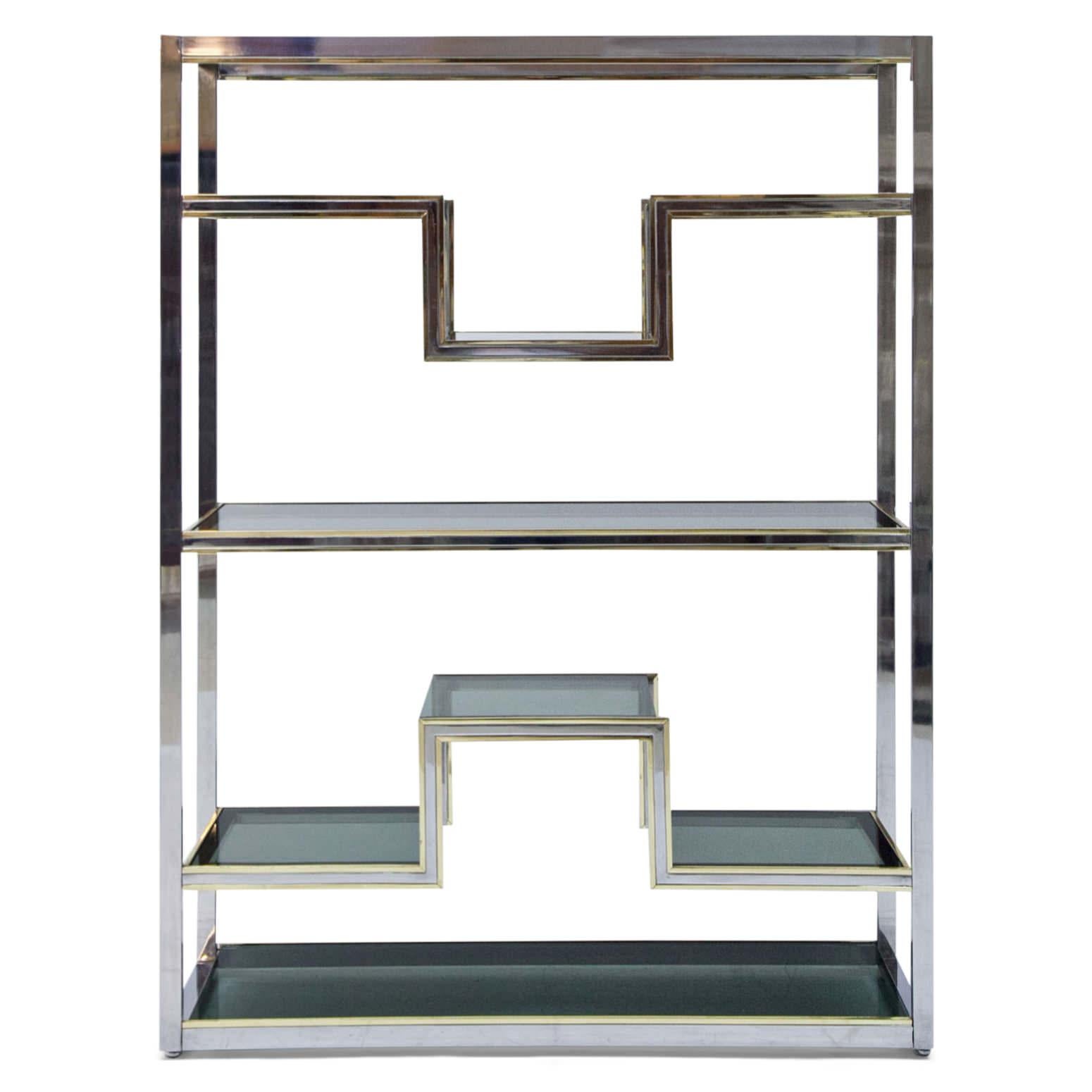 Large shelf by Romeo Rega with two straight shelves and two shelves with lowered/raised middle part. This extraordinary shelf is perfect for displaying objects and can be used as a room divider. The shelves are smoked glass; the frame is chrome with
