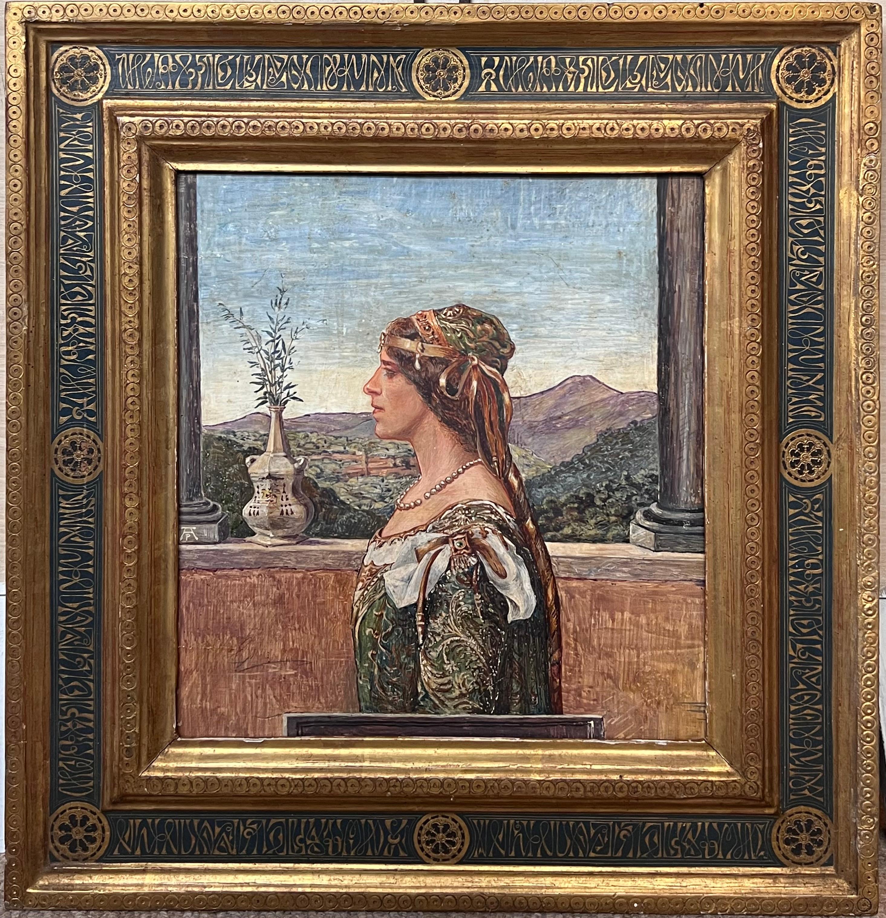 Portrait d'une dame de la Renaissance Classic Medici Style Garden Italian Ornate Frame - Painting de Rome School