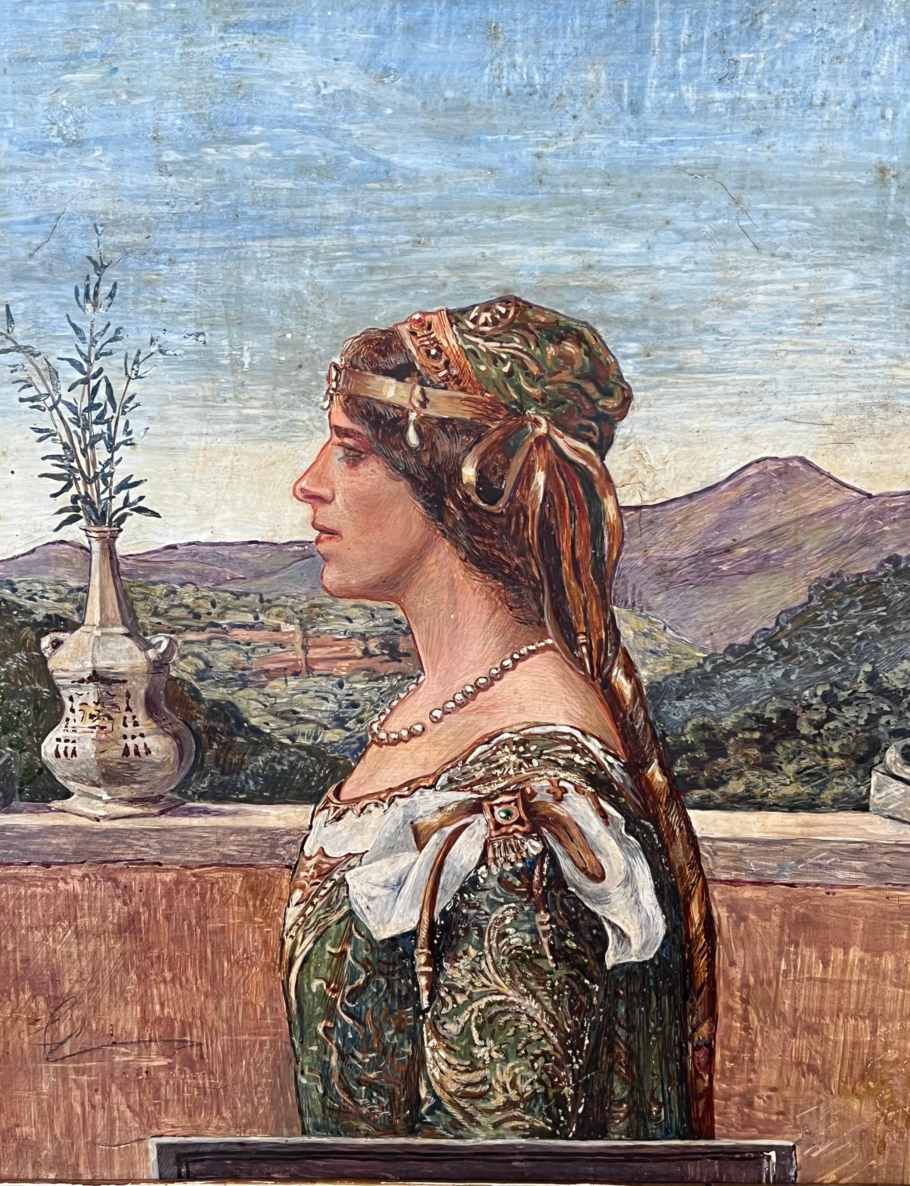 Portrait d'une dame de la Renaissance Classic Medici Style Garden Italian Ornate Frame - Marron Figurative Painting par Rome School