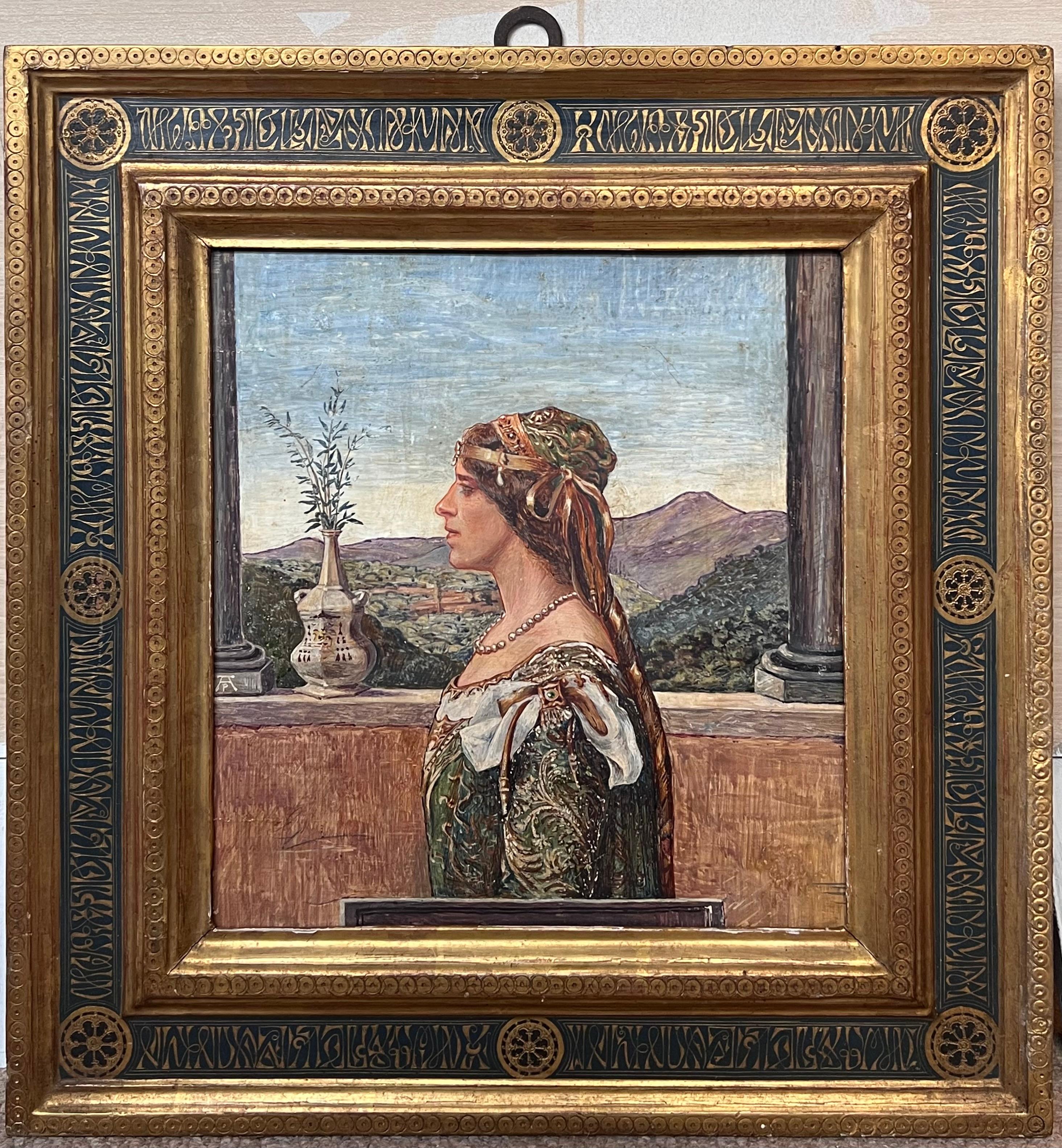 La dame de la Renaissance
École romaine, vers 1890-1900
huile sur panneau, encadrée dans un cadre italien orné d'origine
encadré : 17.5 x 16.5 pouces
planche : 11 x 10.5 pouces
Collectional : collection privée, Rome, Italie
Condit : très bon