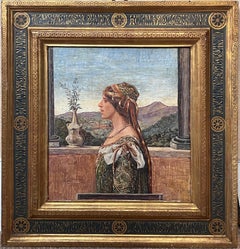 Ritratto di signora rinascimentale in stile classico mediceo giardino italiano con cornice ornata