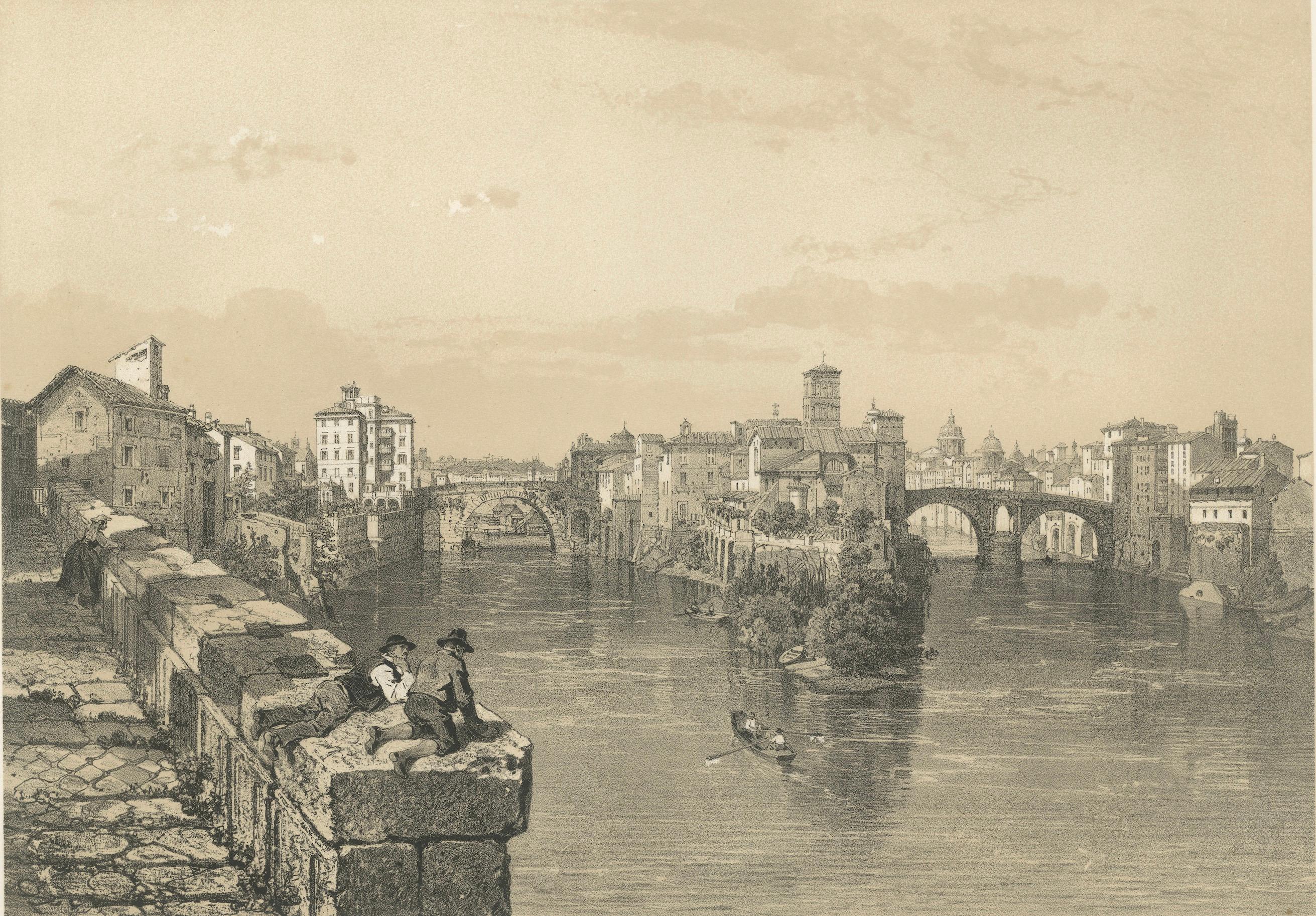 Rome Tiber Island & Ponte Rotto, San Bartolomeo, Antique Print 1869