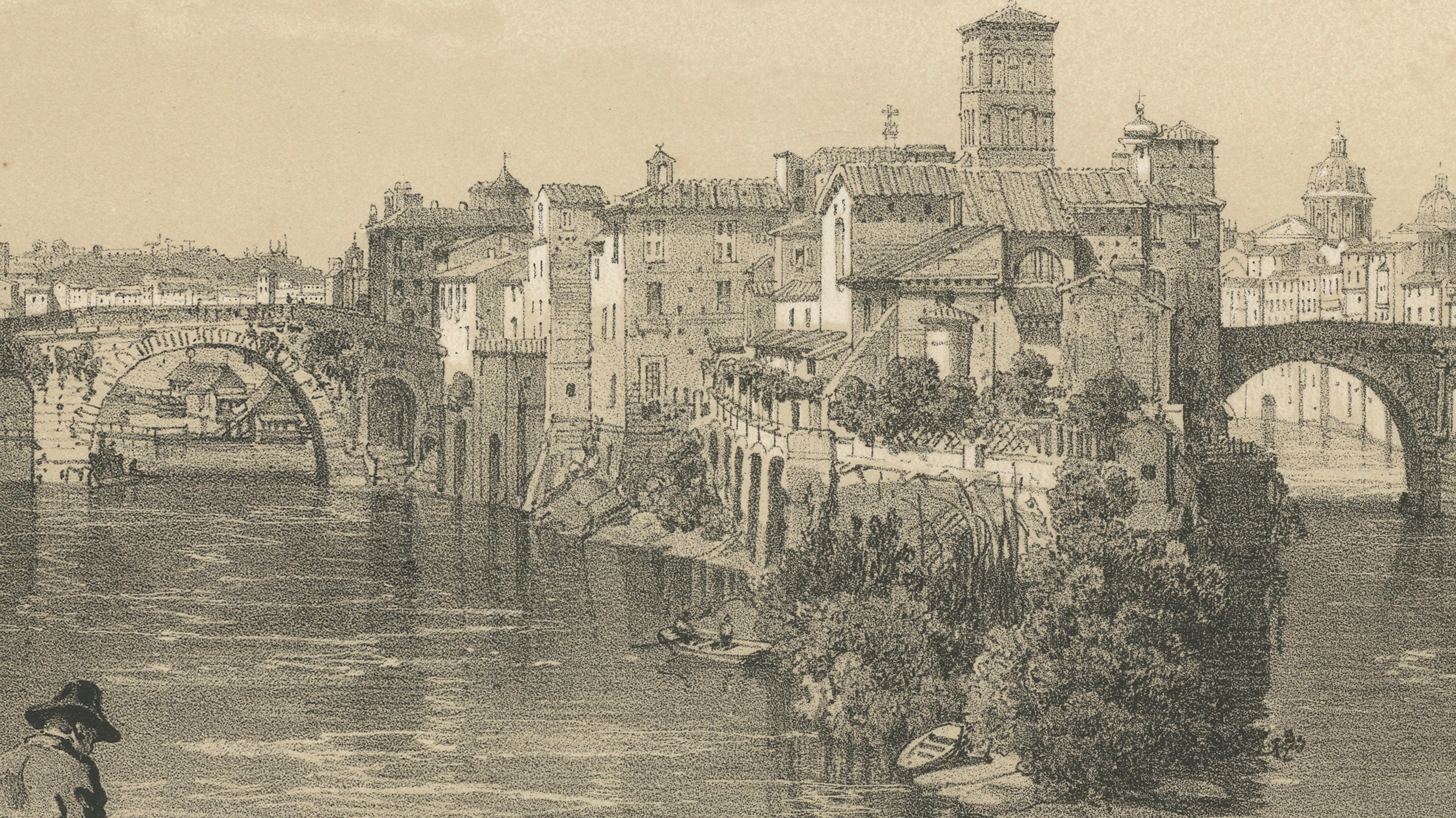 Rome Tiber Island & Ponte Rotto, San Bartolomeo, Antique Print 1869
