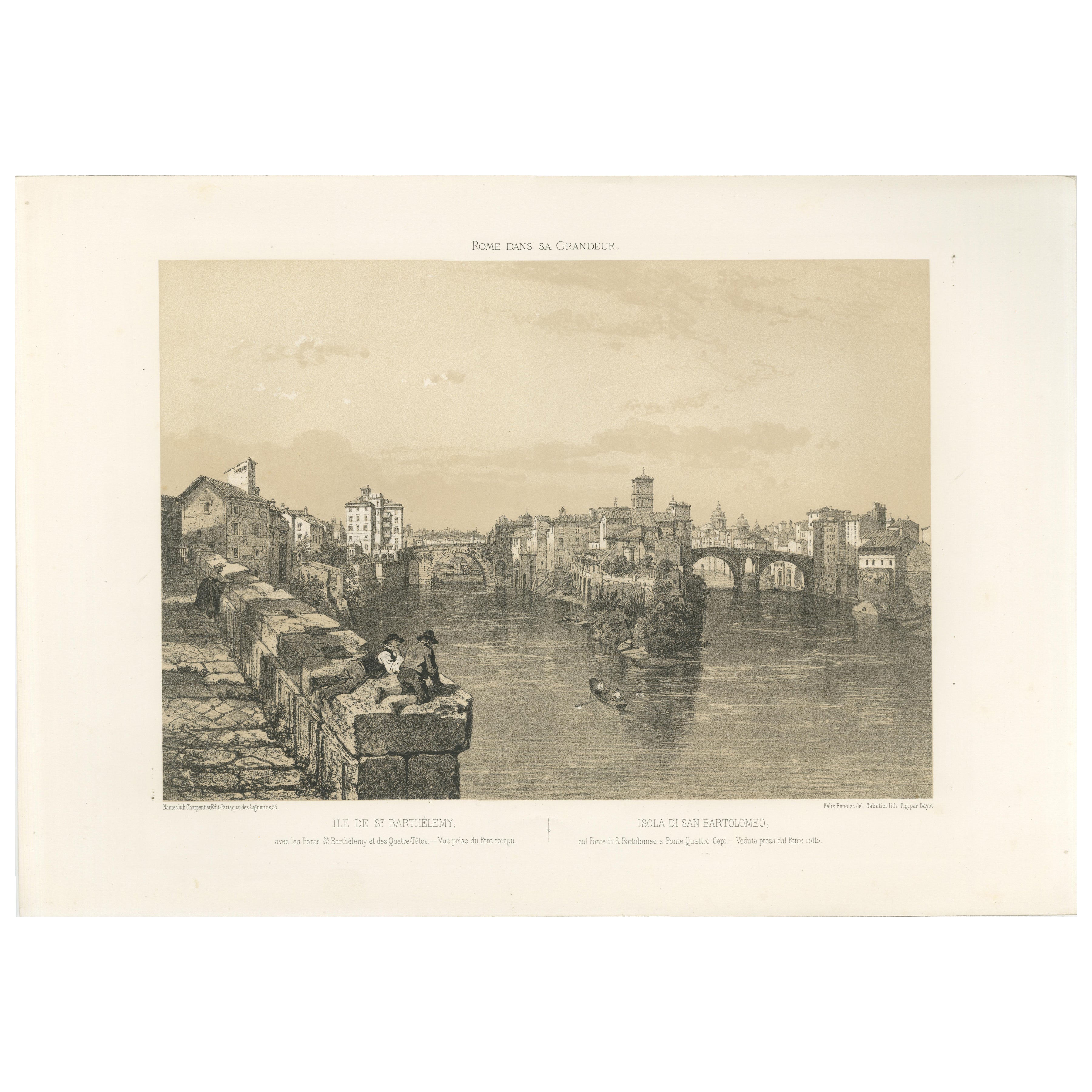 Rome, île du Tibre et Ponte Rotto, San Bartolomeo, estampe ancienne 1869