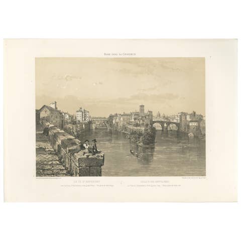 Rome Tiber Island & Ponte Rotto, San Bartolomeo, Antique Print 1869