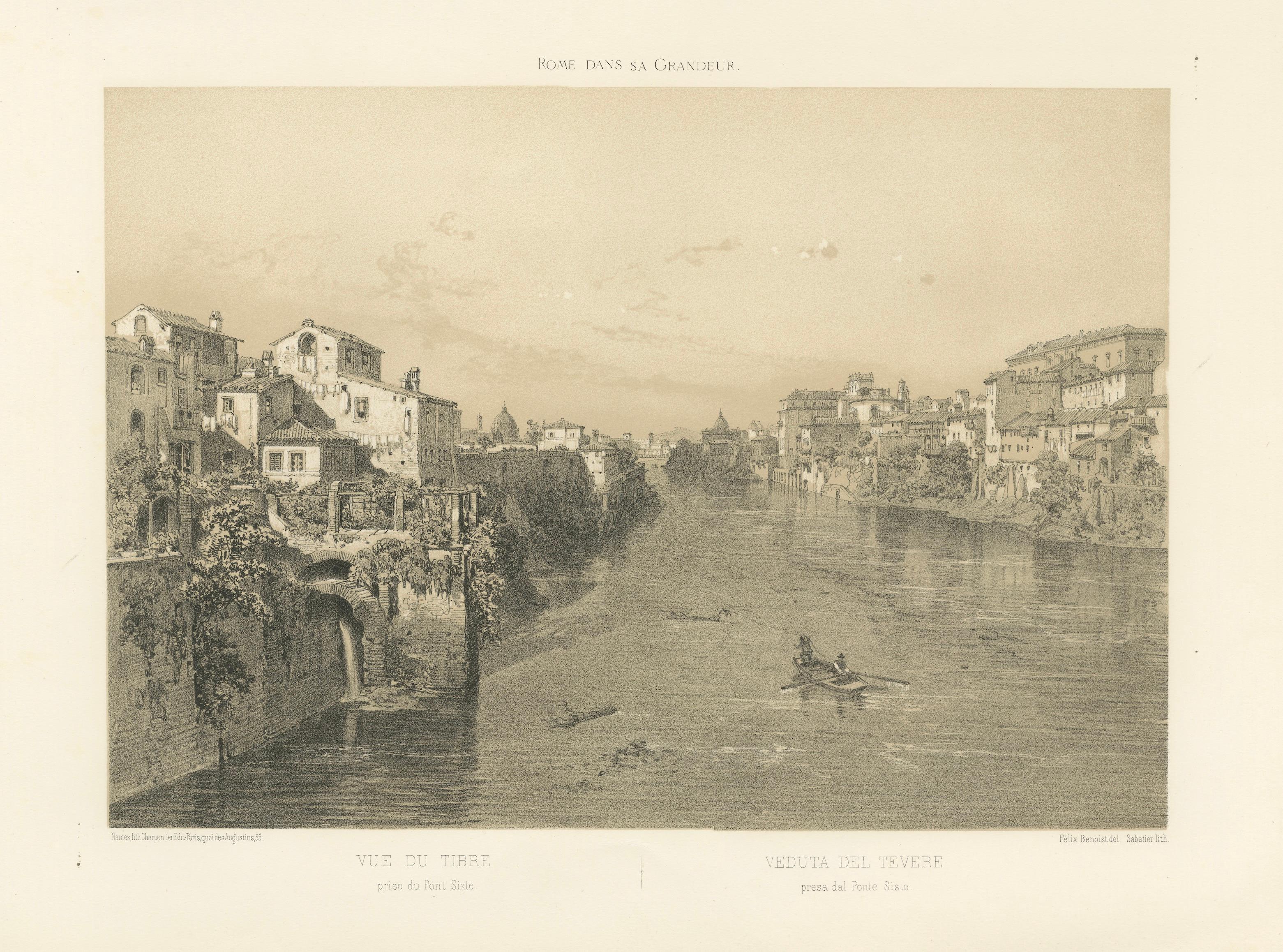 Rome Tiber View from Ponte Sisto, Antique Architectural Print 1869