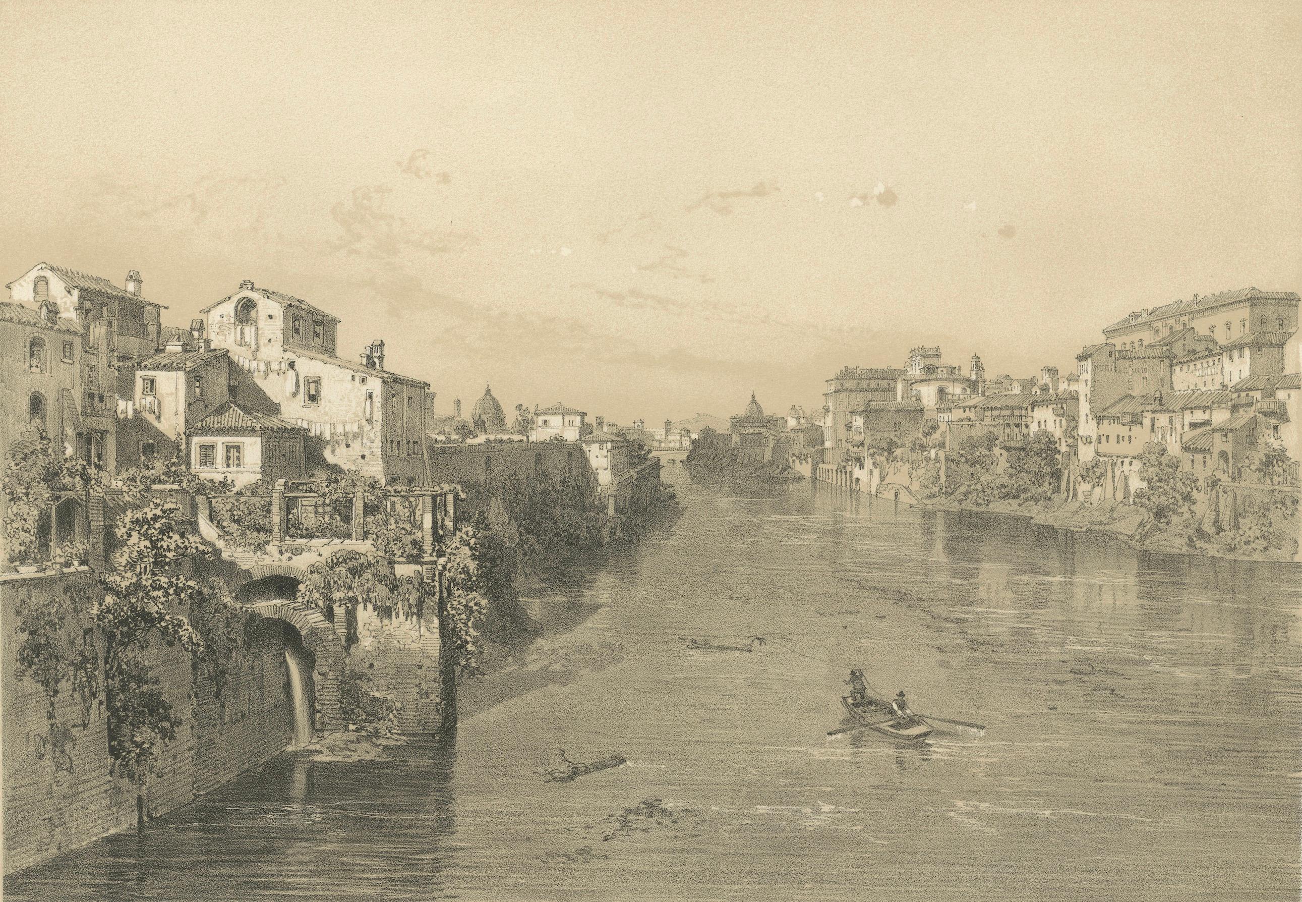 Rome Tiber View from Ponte Sisto, Antique Architectural Print 1869