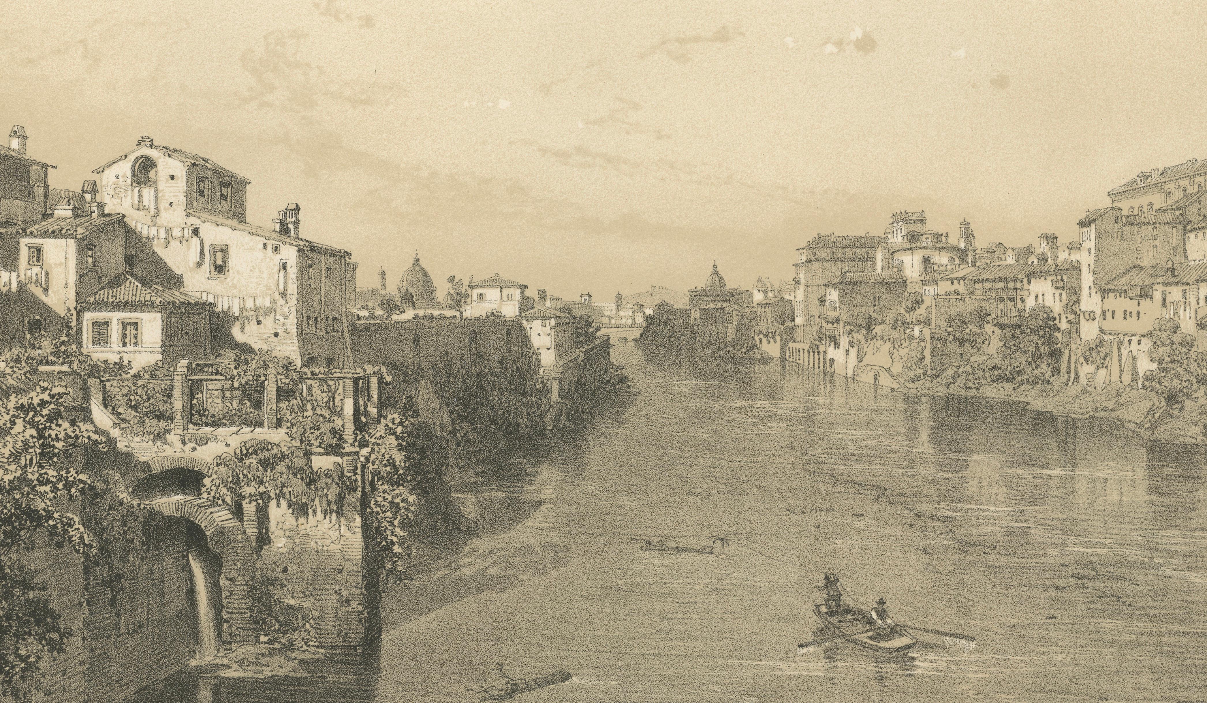 Rome Tiber View from Ponte Sisto, Antique Architectural Print 1869