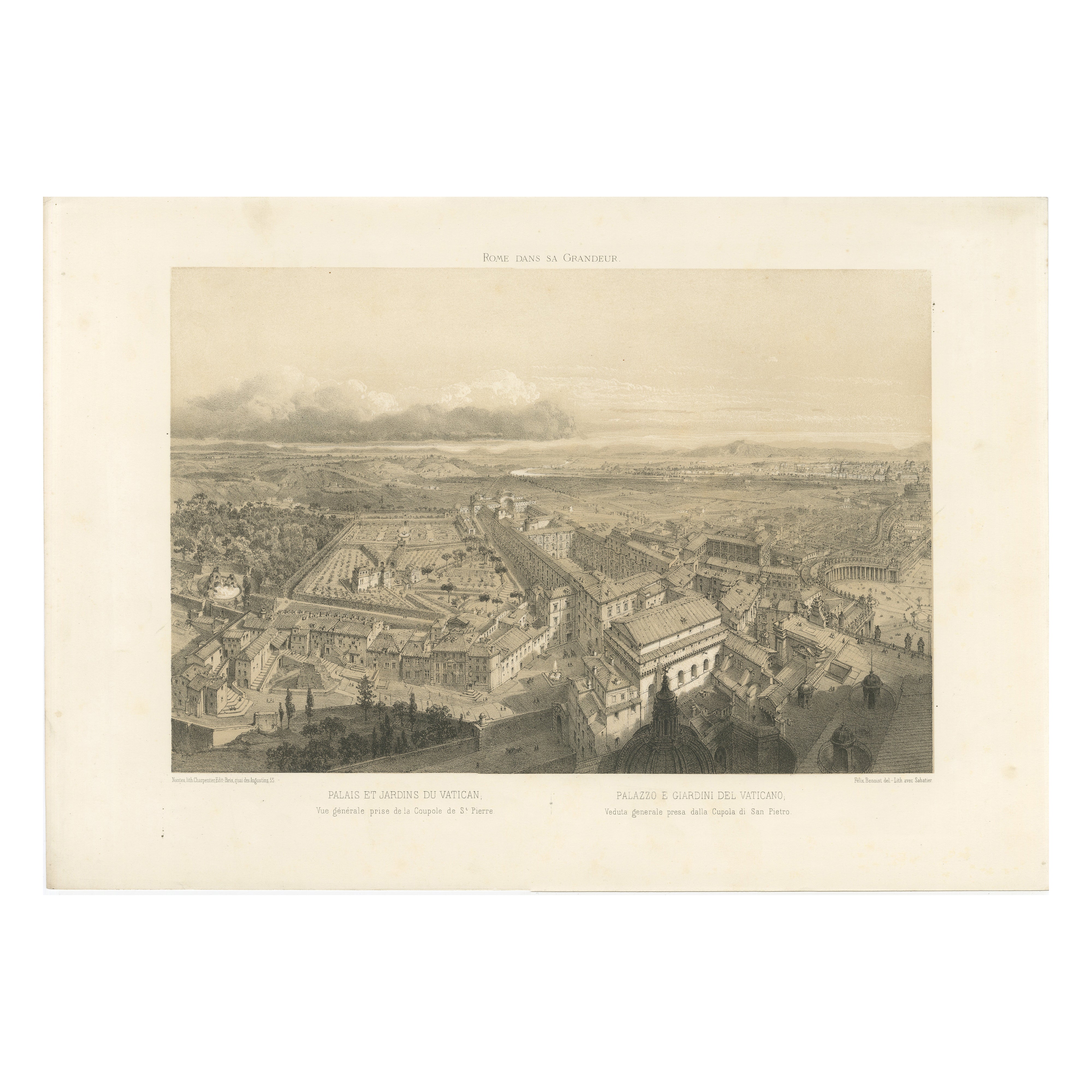 Rome Vatican Palace and Gardens from St Peter’s Dome – Benoist 1869 Lithograph For Sale