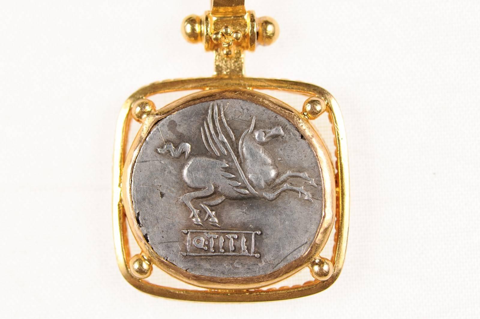 Rome, Ancient Pegasus Coin Set Artfully in 22-Karat Gold Necklace Pendant In Good Condition In Atlanta, GA
