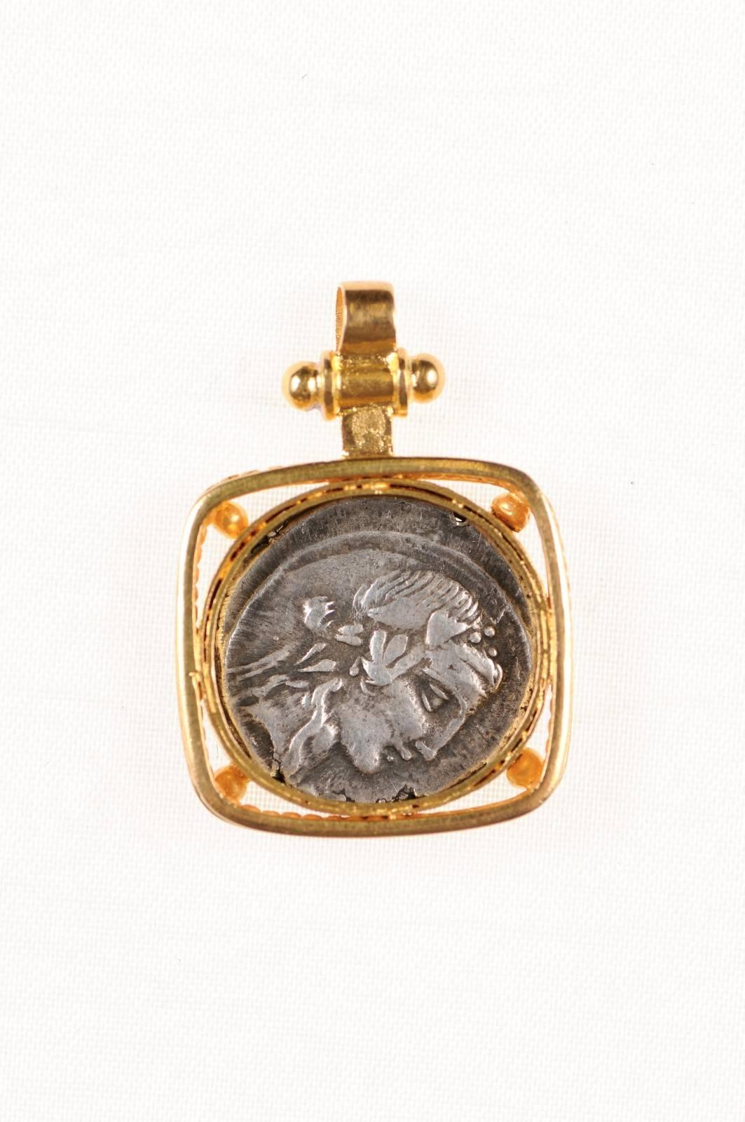 18th Century and Earlier Rome, Ancient Pegasus Coin Set Artfully in 22-Karat Gold Necklace Pendant