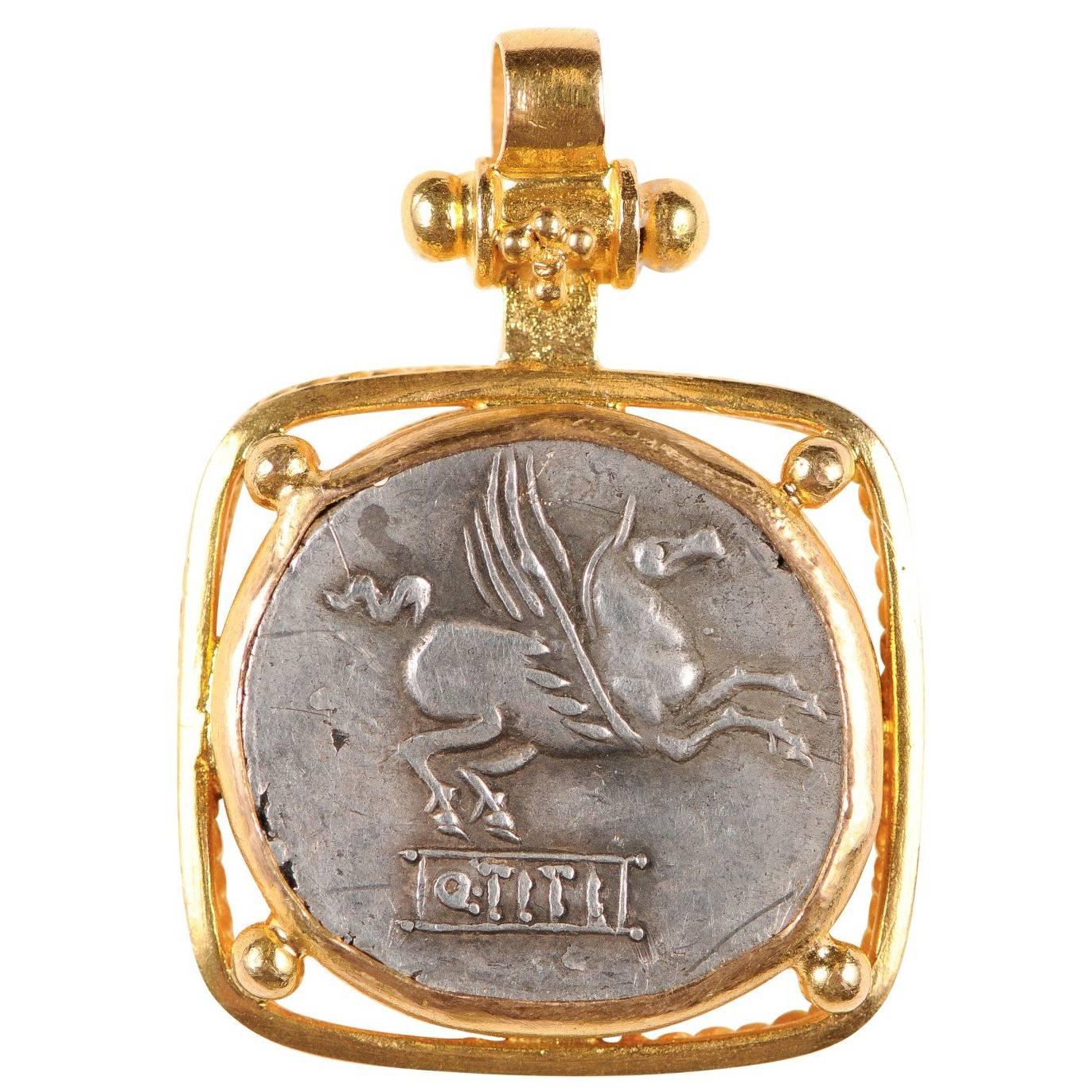 Rome, Ancient Pegasus Coin Set Artfully in 22-Karat Gold Necklace Pendant