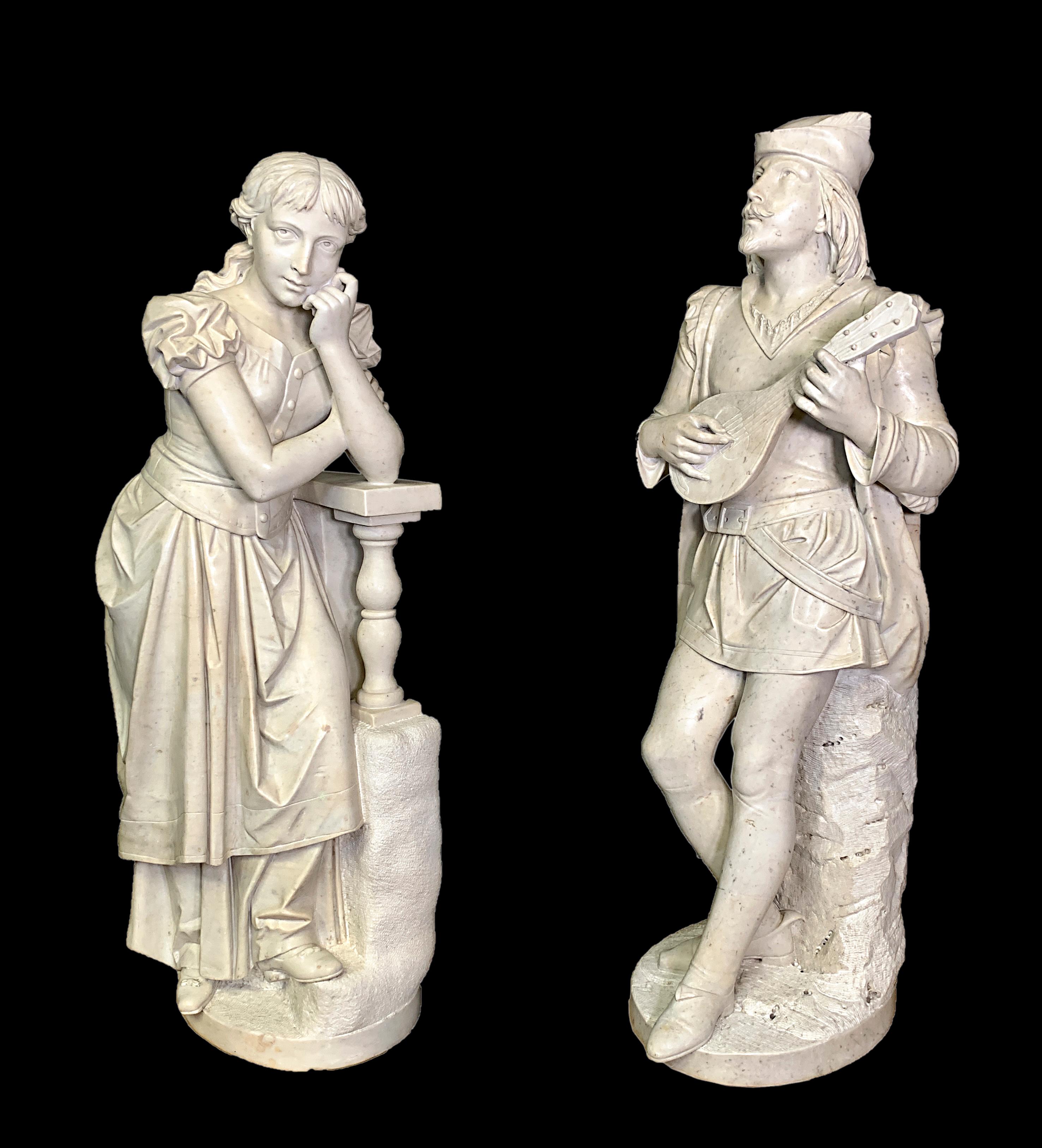 This magnificent pair of antique Italian life-sized hand-carved marble figures depicts Romeo and Juliet, the young lovers in the famous play by William Shakespeare. 

One figure shows a love-struck man gazing up, as a bycoket rests neatly on his