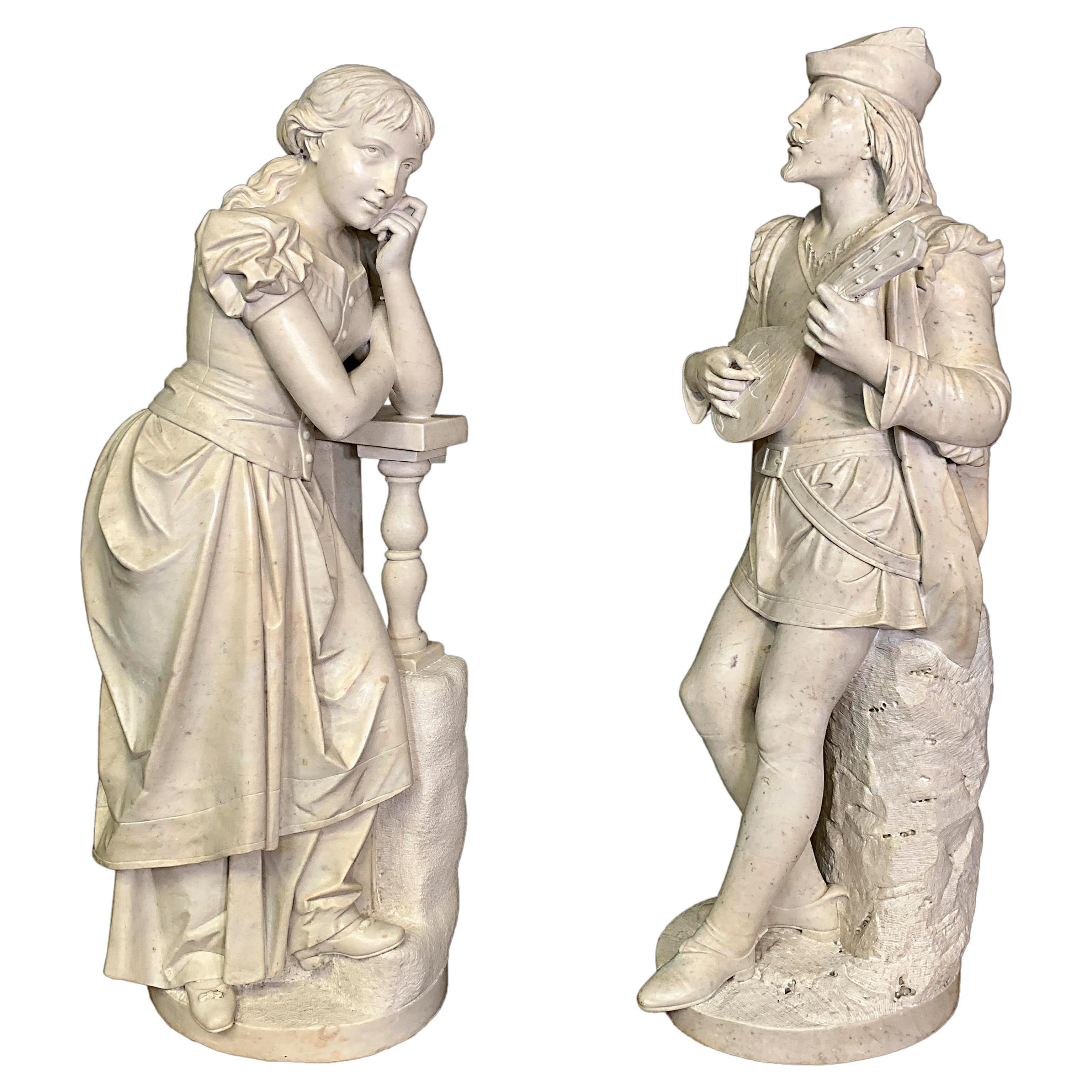 Romeo and Juliet, a pair of antique Italian Carved Marble Sculptures