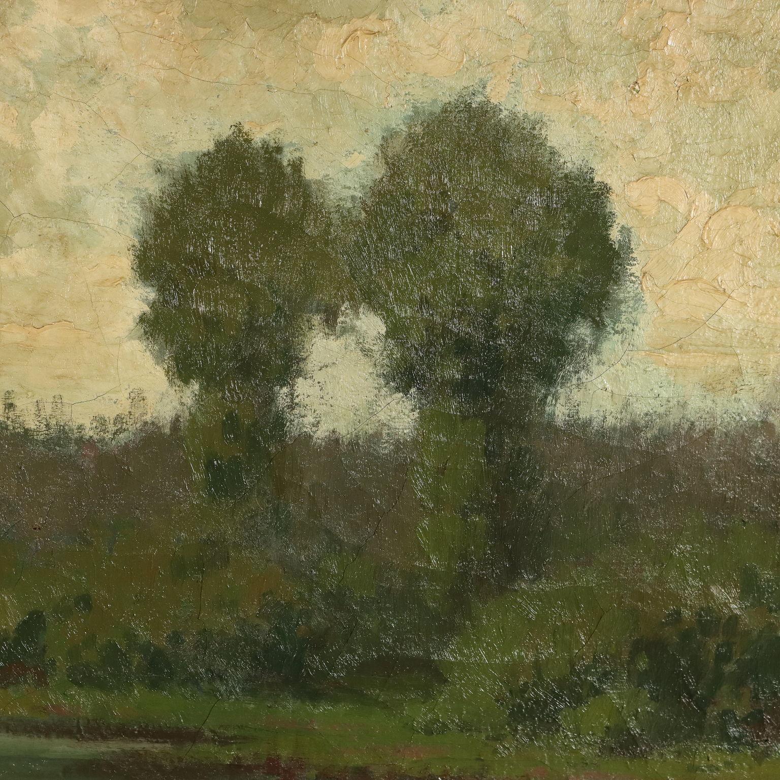 Óleo sobre lienzo. Firmado abajo a la derecha.
Especializado en la pintura de paisaje, el pintor Romeo Borgognoni representó principalmente vistas de la campiña de Pavía, en un estilo que, aunque de rigor verista, bebe del impresionismo por sus