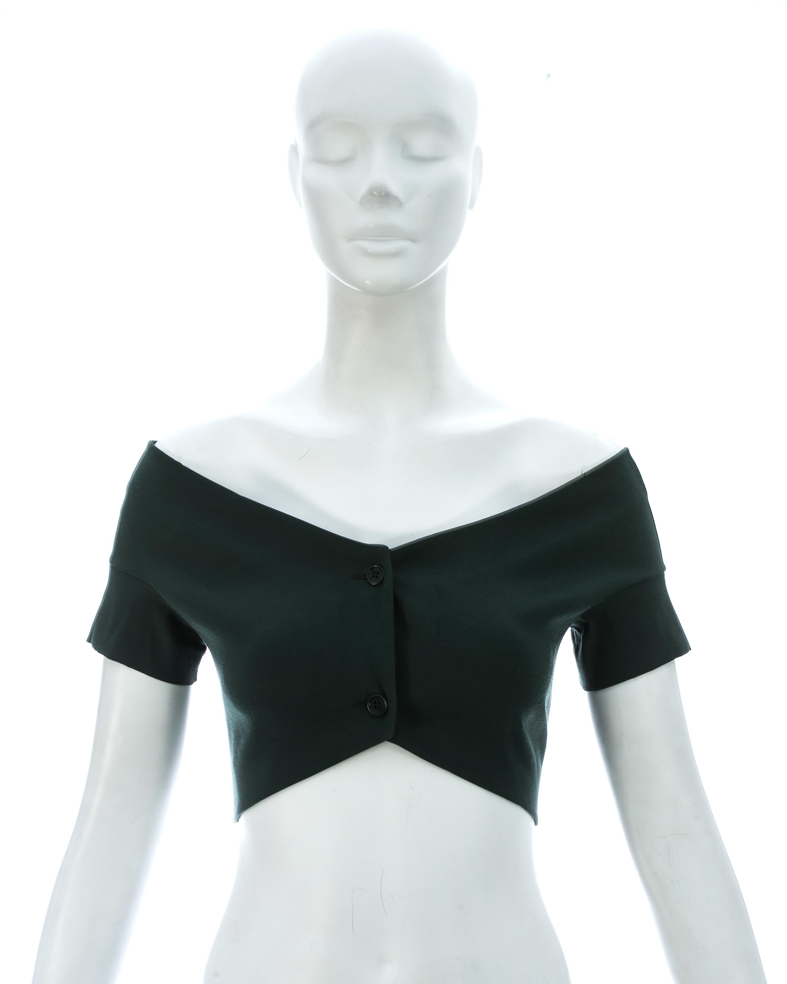 Romeo Gigli, bottle green cotton spandex off the shoulder crop top with button fastenings and fitted sleeves 

Spring-Summer 1990