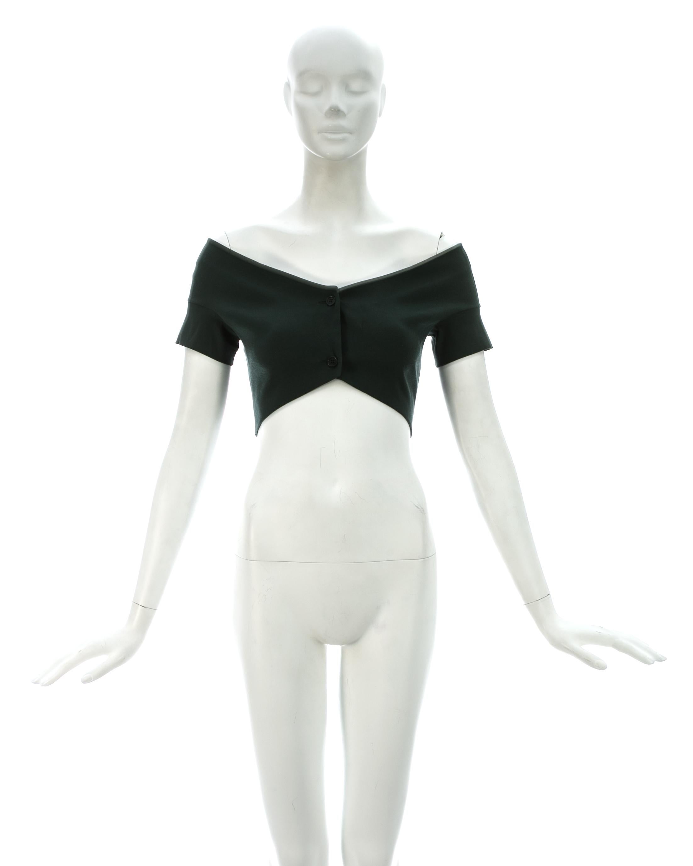 Black Romeo Gigli bottle green cotton spandex off the shoulder crop top, ca. 1990