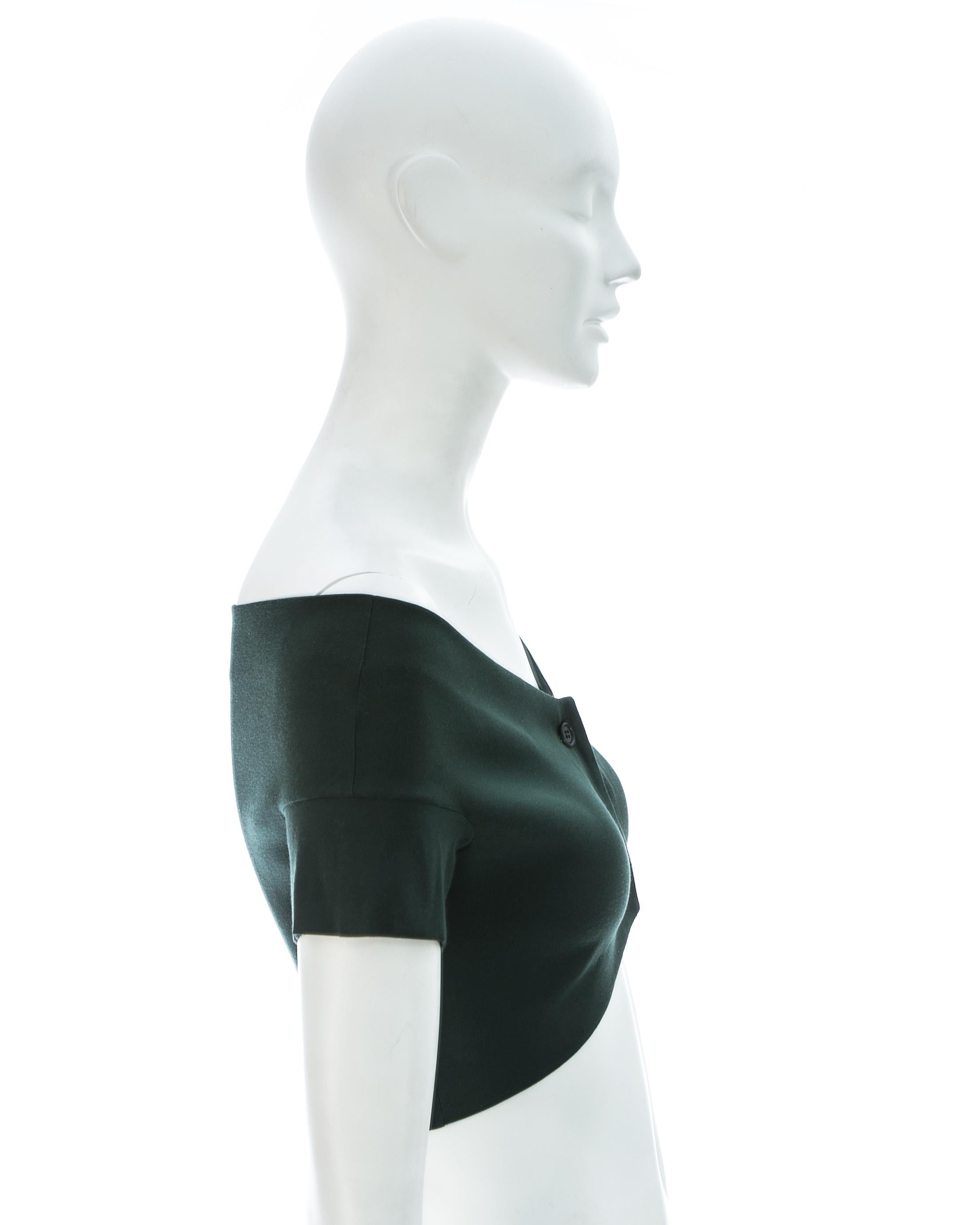 Women's Romeo Gigli bottle green cotton spandex off the shoulder crop top, ca. 1990