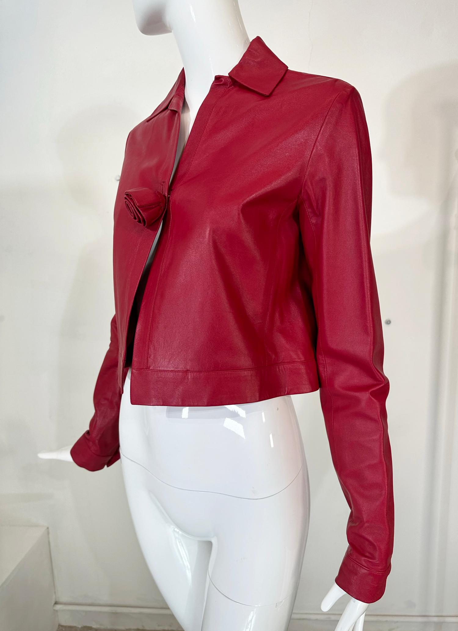 Romeo Gigli Buttery Soft Garnet Leather Cropped Rose Button Spencer Jacket   5
