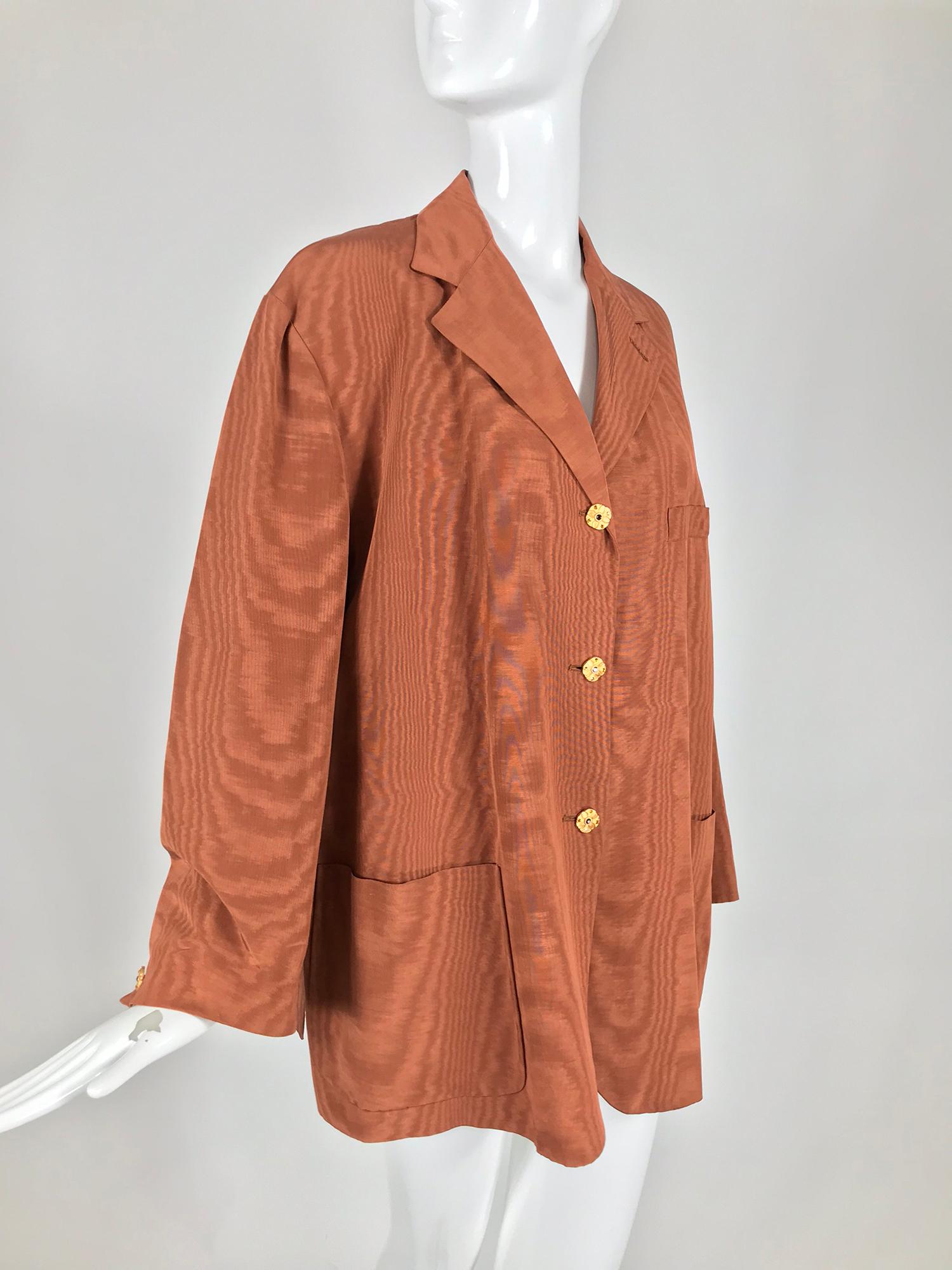Romeo Gigli cocoa watered taffeta jacket from the 1980s. Romeo Gigli had his own fashion revolution in the 80s, jewel cloured layered looks were breath taking and tribal influenced, looks from this period are hard to find and collecting piece by