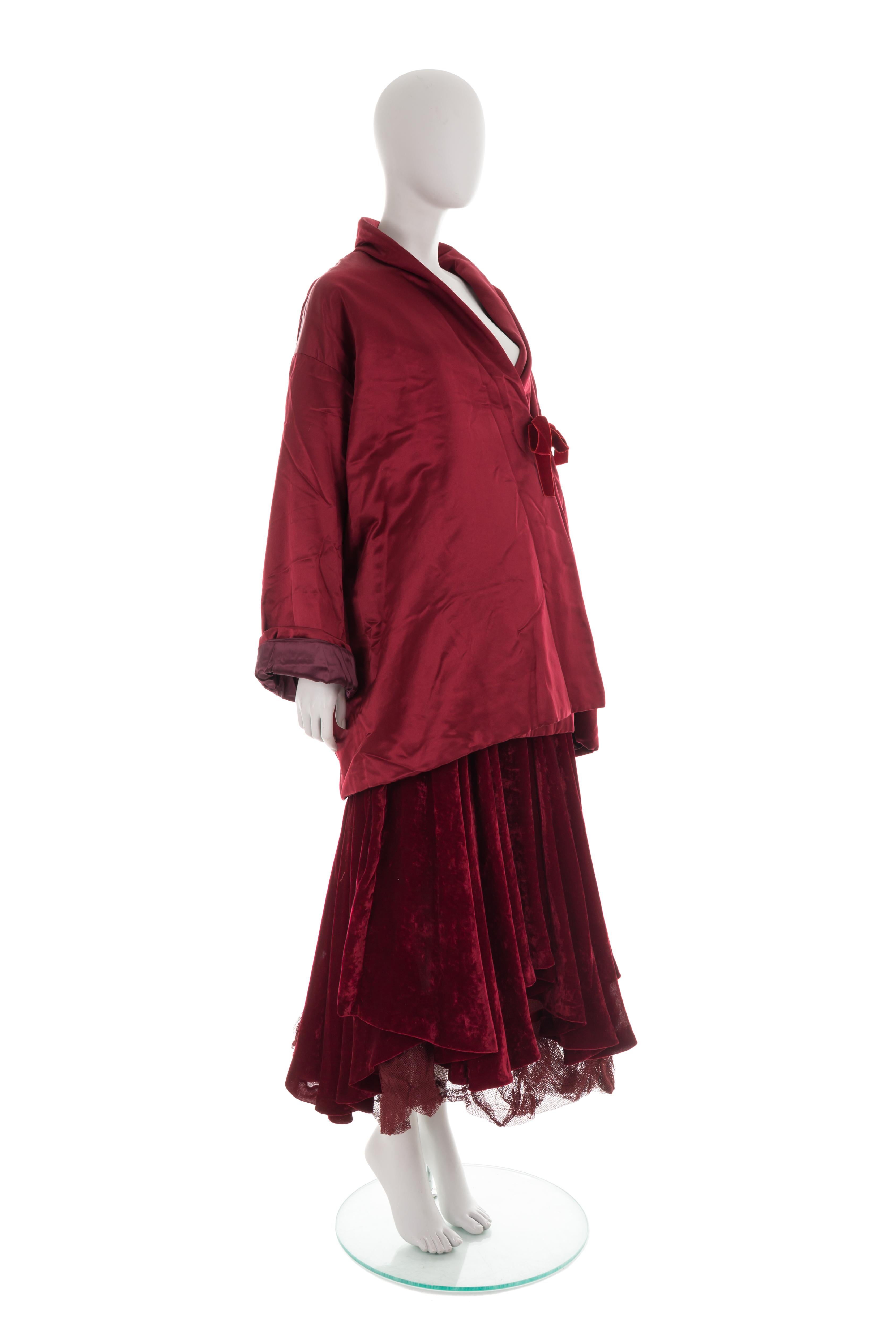 - Fall-winter 2000 collection
- Sold by Gold Palms Vintage
- Deep red/burgundy evening set
- Silk padded jacket with velvet strings
- High waist multi-layered skirt (constructed fishnet petticoat + velvet asymmetric overlay) 
- Size: IT 42 (jacket),