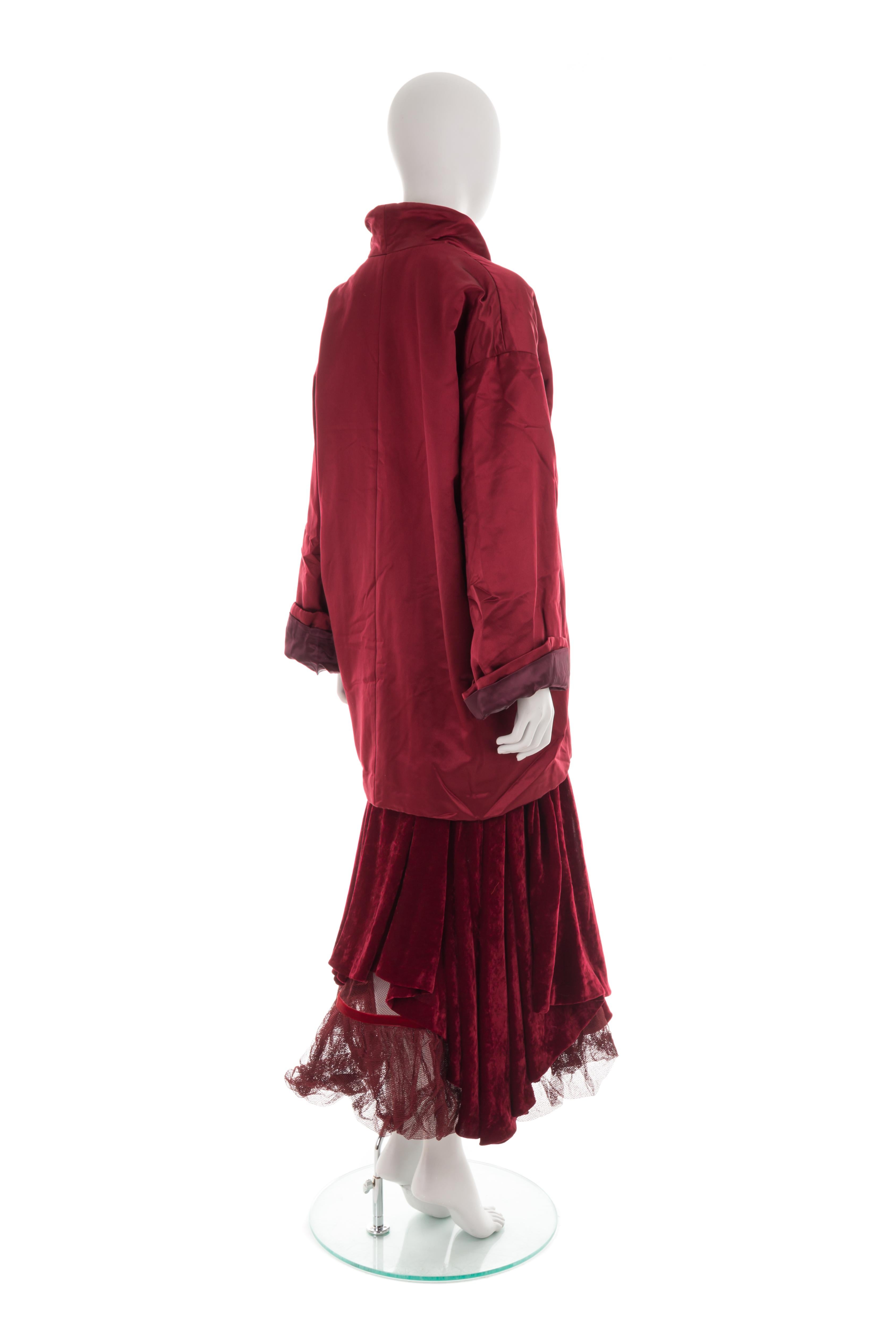 Women's or Men's Romeo Gigli F/W 2000 silk wrap coat with multi-layered fishnet and velvet skirt For Sale