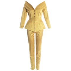 Romeo Gigli gold satin spandex off shoulder evening pant suit, ss 1996