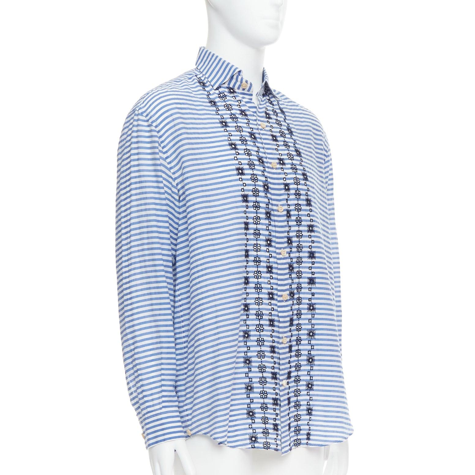 Blue ROMEO GIGLI JOYCE blue cotton silk striped embroidery shirt IT50 L For Sale