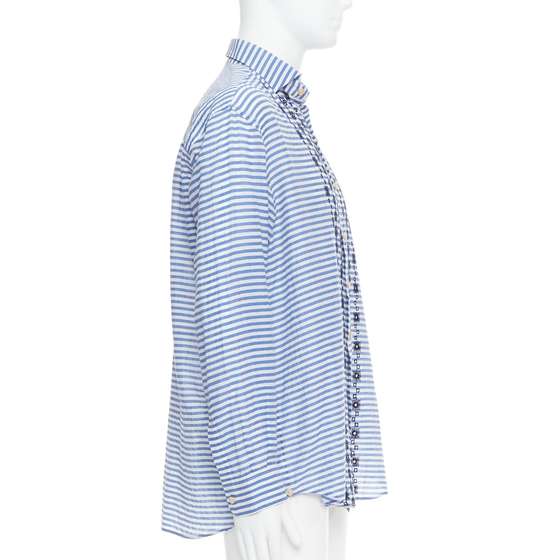 ROMEO GIGLI JOYCE blue cotton silk striped embroidery shirt IT50 L In Excellent Condition For Sale In Hong Kong, NT