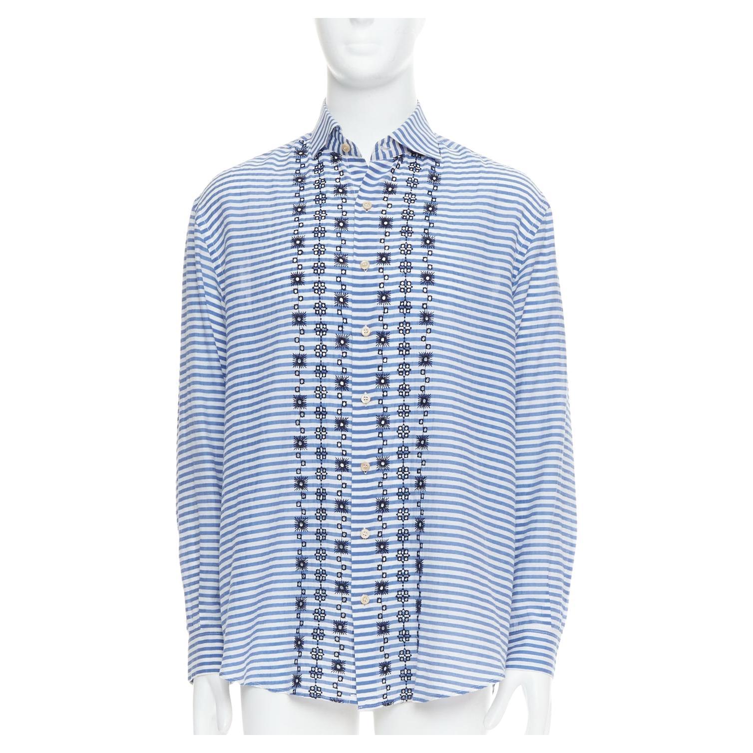 ROMEO GIGLI JOYCE blue cotton silk striped embroidery shirt IT50 L For Sale