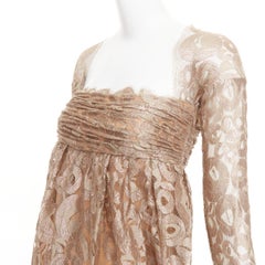 Romeo Gigli JOYCE Abito da cocktail vintage in pizzo drappeggiato color oro con drappeggi e scollo impero IT36 XXS