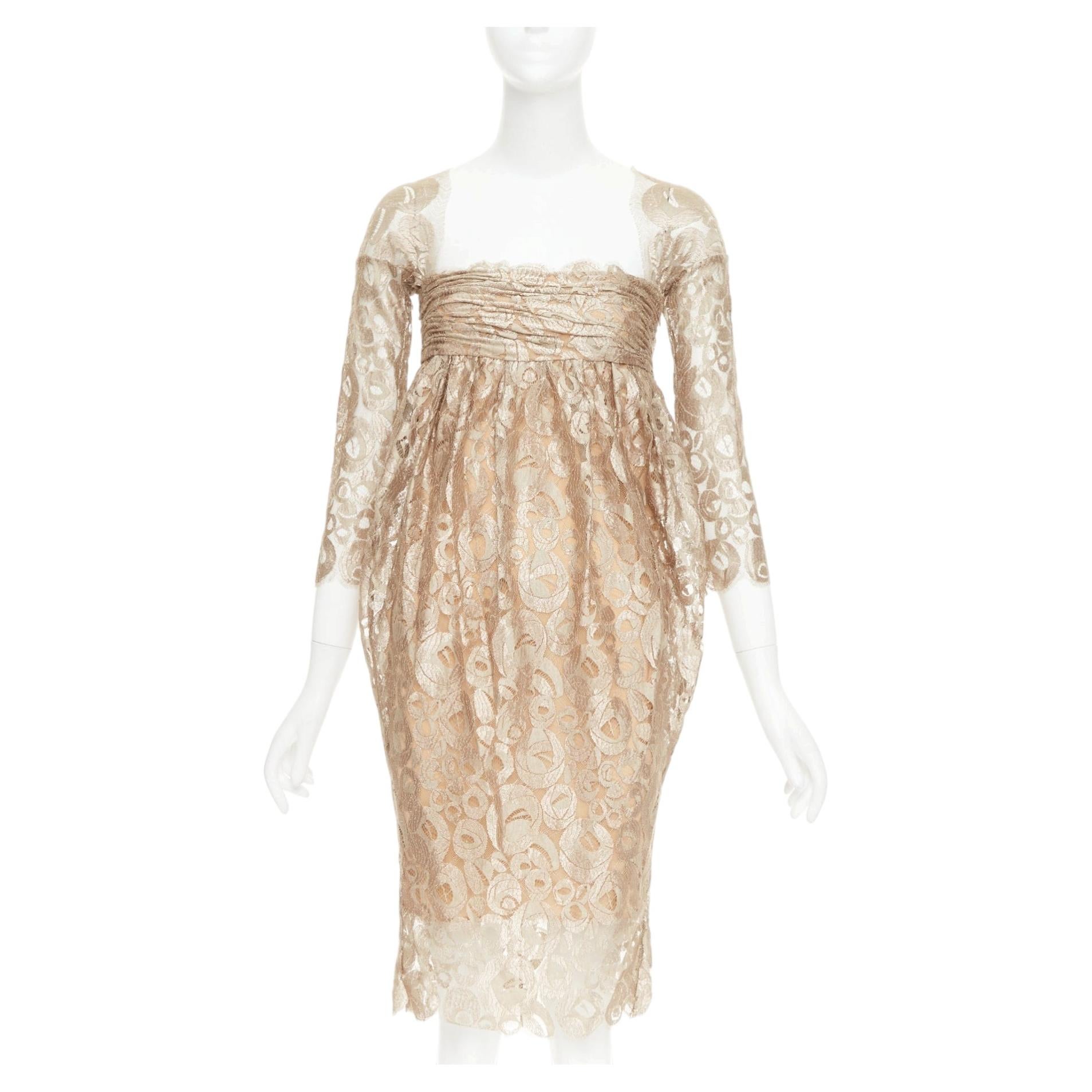 Romeo Gigli JOYCE Vintage-Cocktailkleid aus geraffter Empire-Spitze in Gold, drapiert, Größe 36 (XXS)